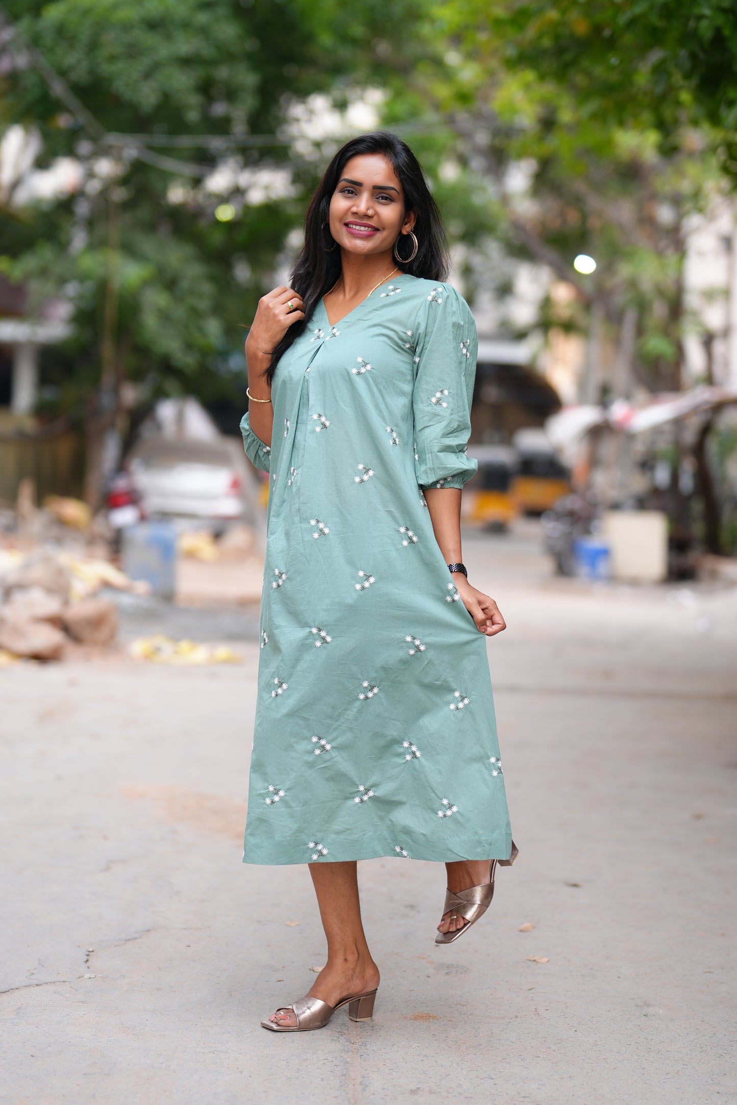 Sage Green Color Jaipuri Cotton frock With Embroidery Work