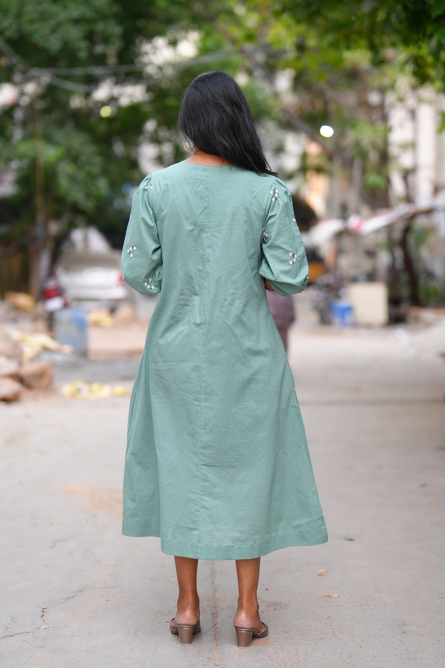Sage Green Color Jaipuri Cotton frock With Embroidery Work