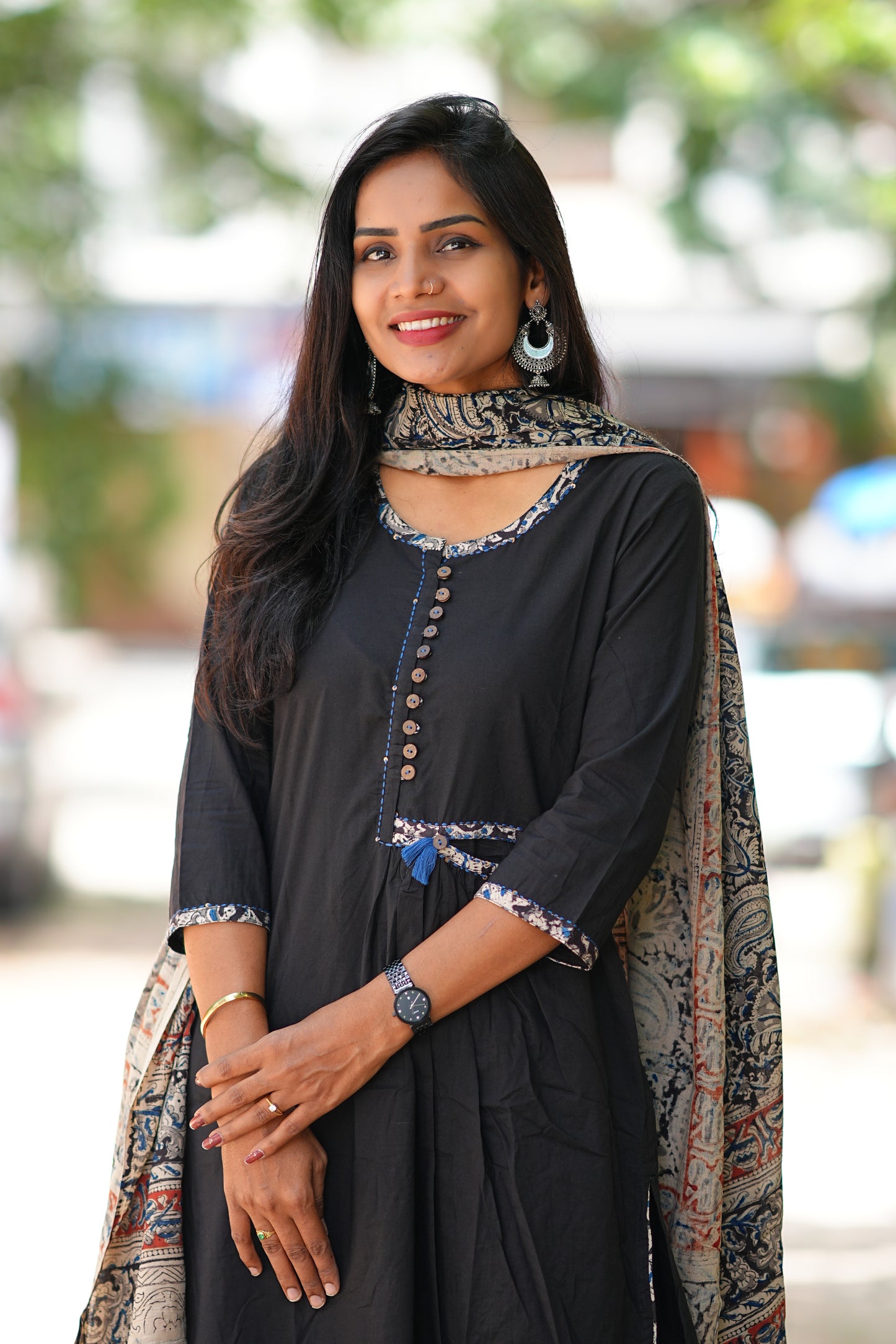 Designer Wear Black Color Cotton 3 Piece Set With Kalamkari Duppata