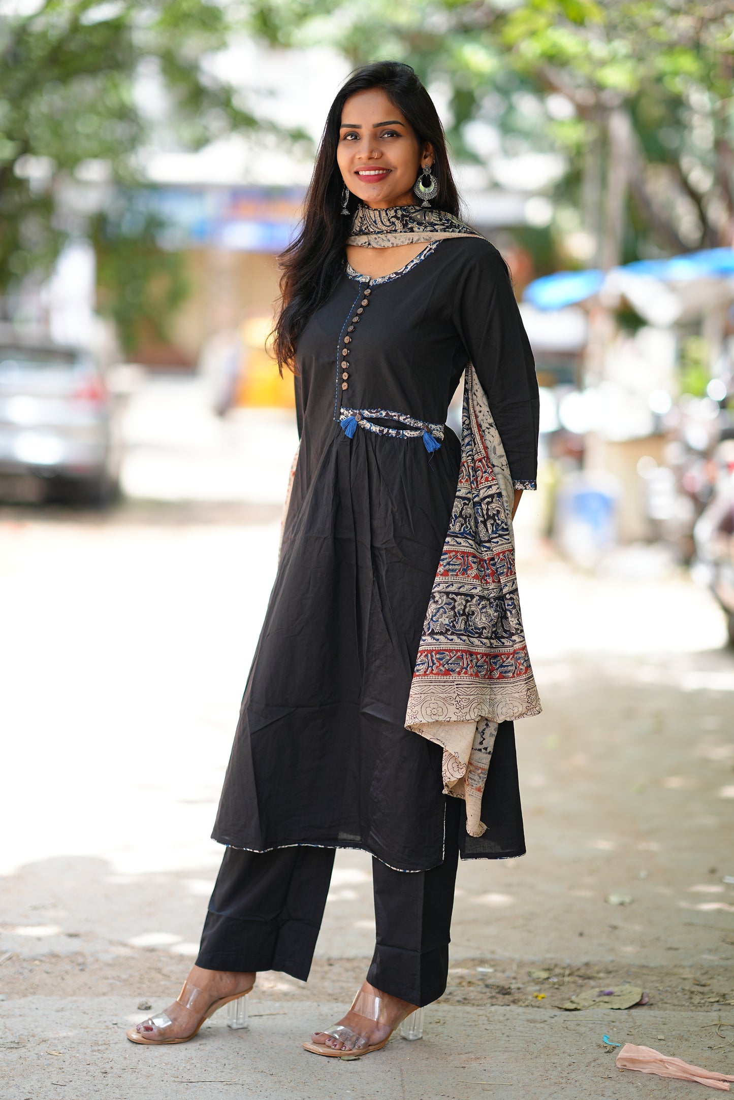 Designer Wear Black Color Cotton 3 Piece Set With Kalamkari Duppata
