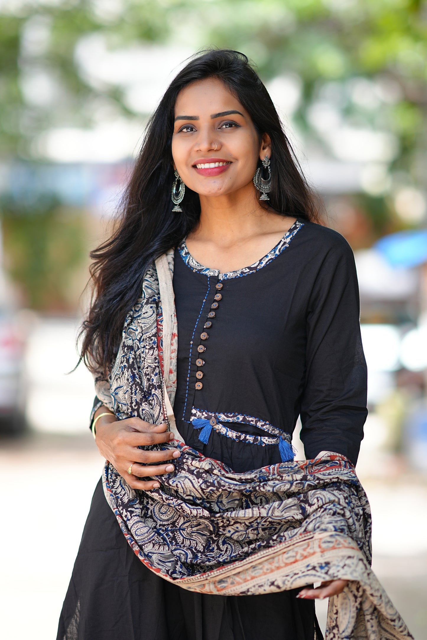 Designer Wear Black Color Cotton 3 Piece Set With Kalamkari Duppata