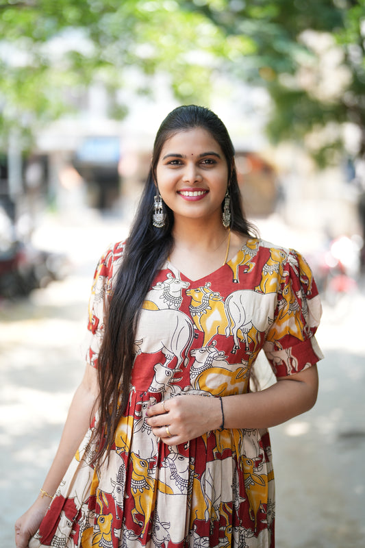 Red Color Multicolor Pichwai Print Cotton Kalamkari Frock