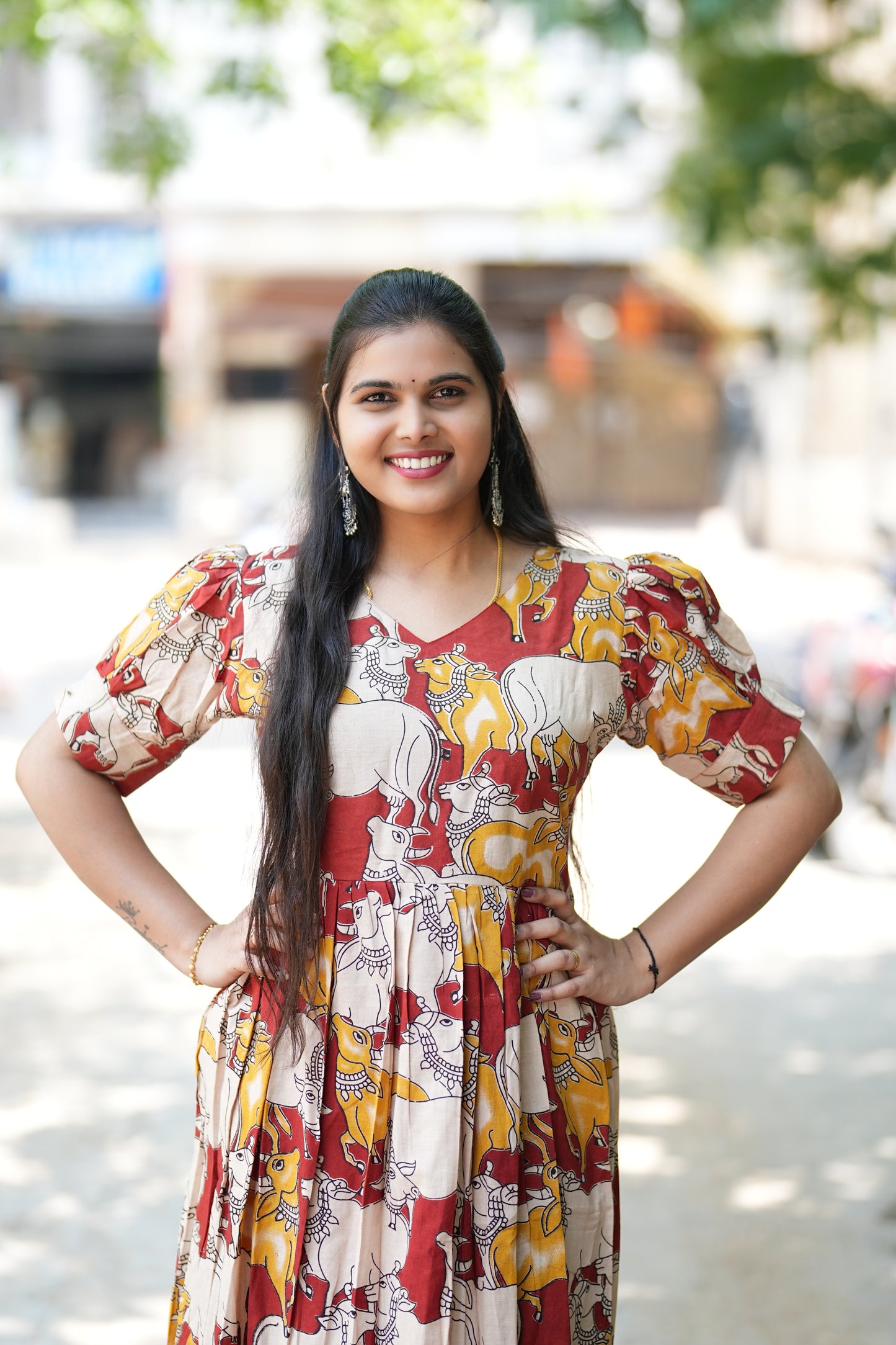 Red Color Multicolor Pichwai Print Cotton Kalamkari Frock