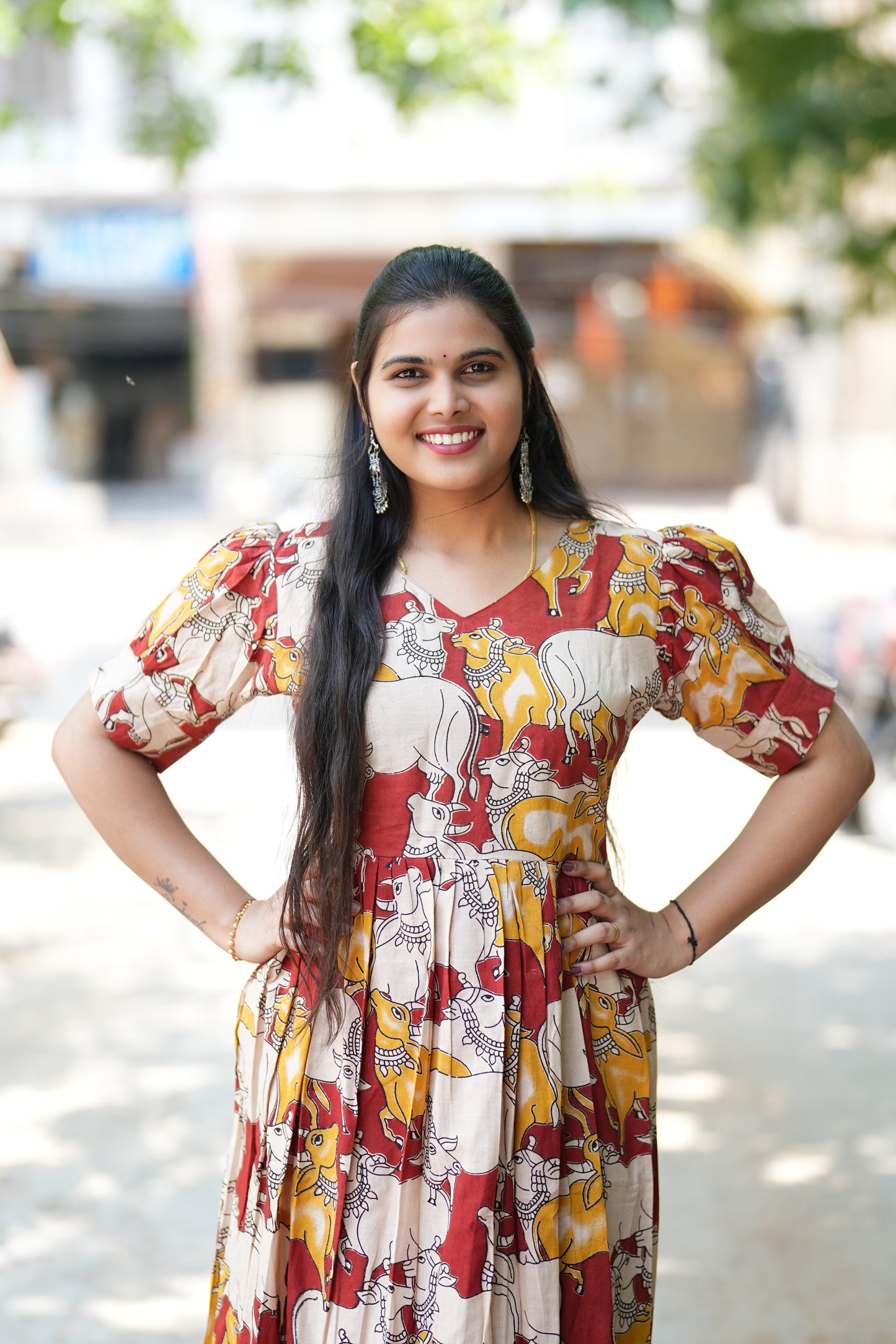 Red Color Multicolor Pichwai Print Cotton Kalamkari Frock