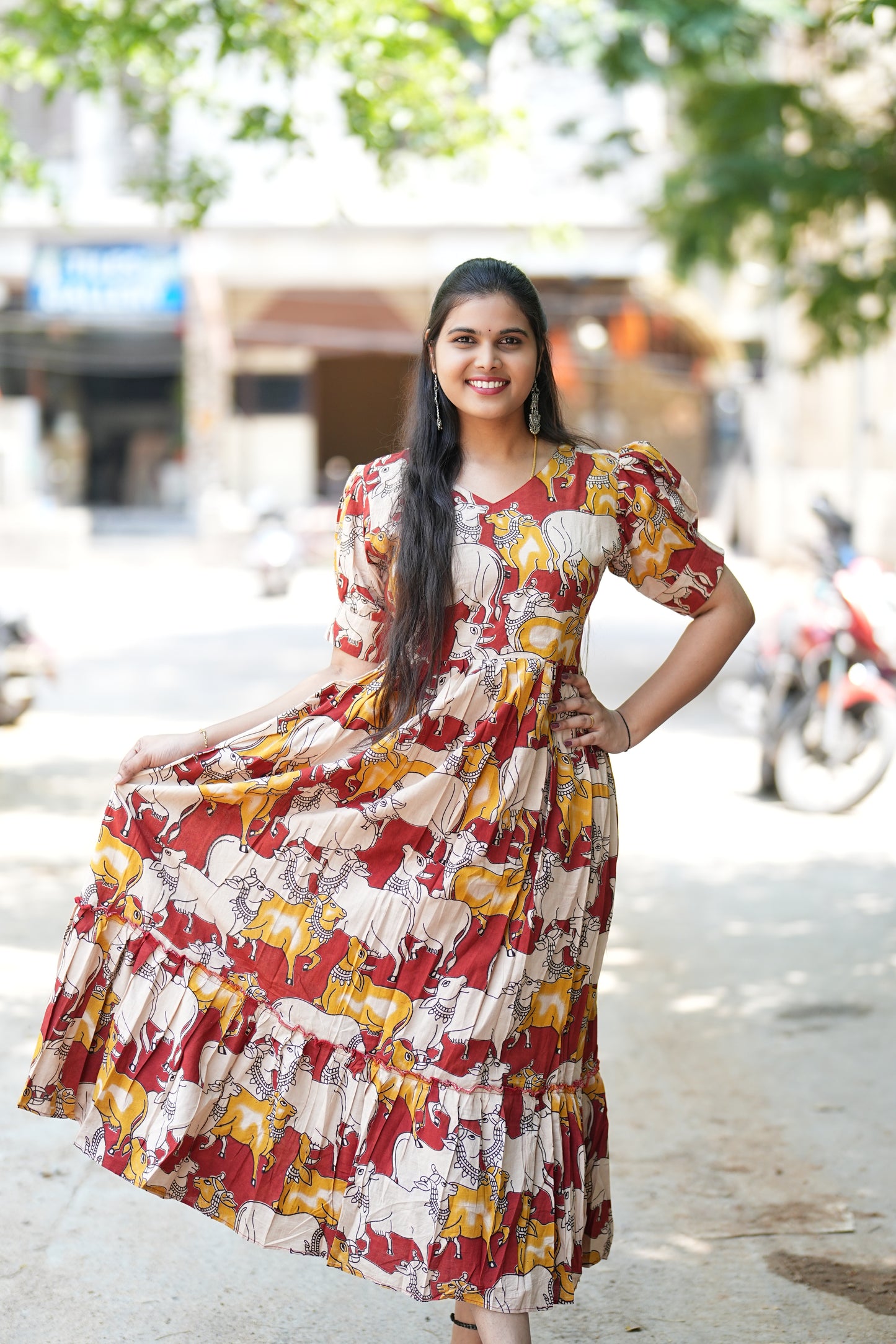 Red Color Multicolor Pichwai Print Cotton Kalamkari Frock