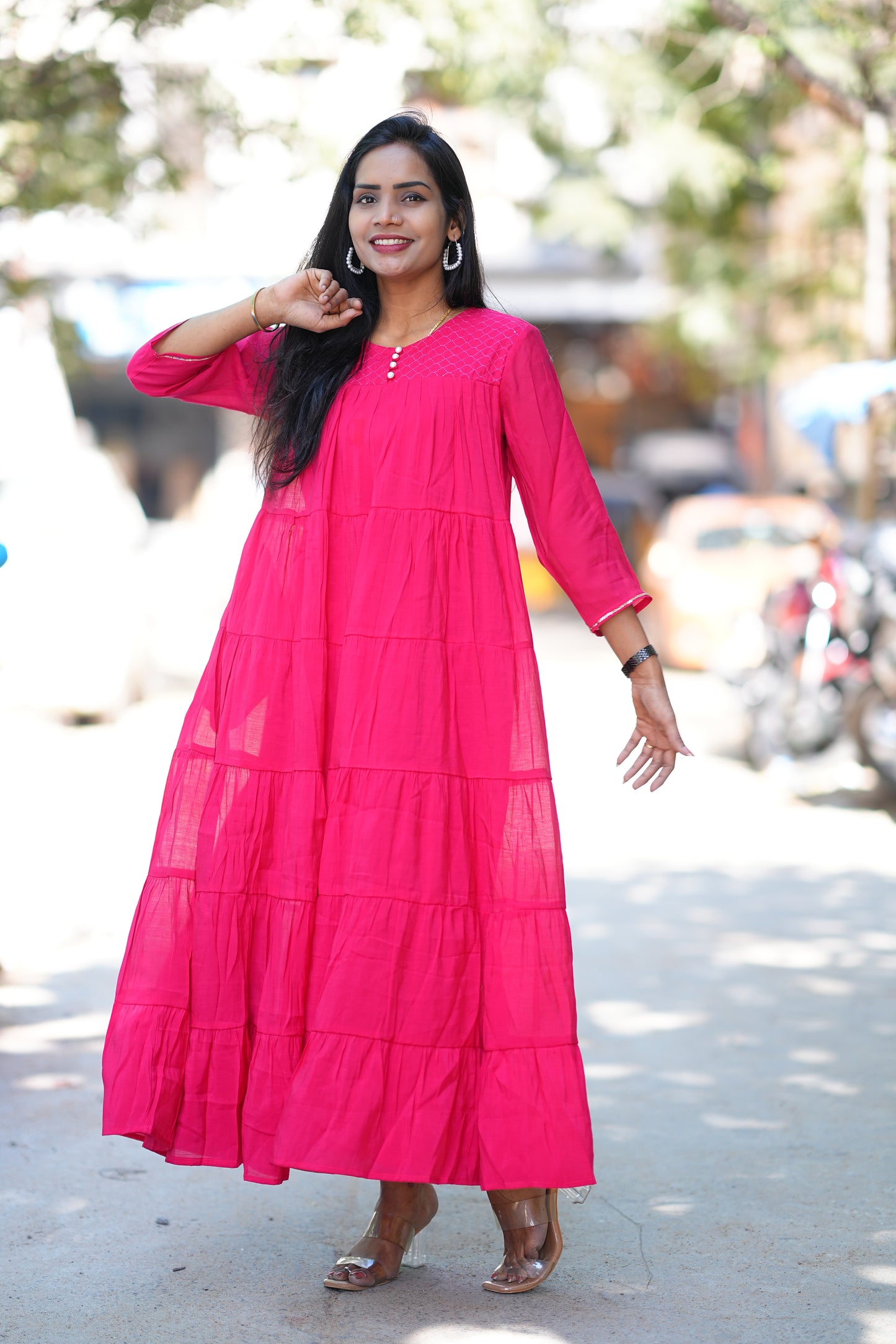 Pink Color Premium Mul Chanderi Frock With Lining