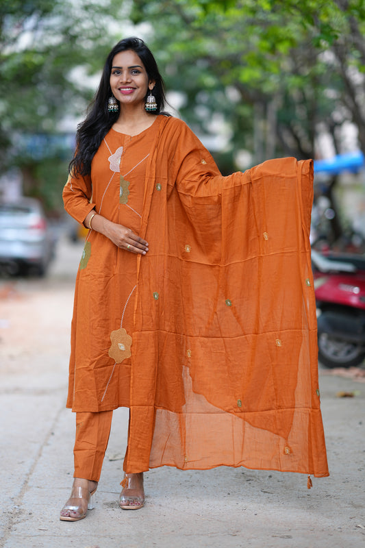Rust Orange Jaipur Cotton 3 Piece Set with Thread work