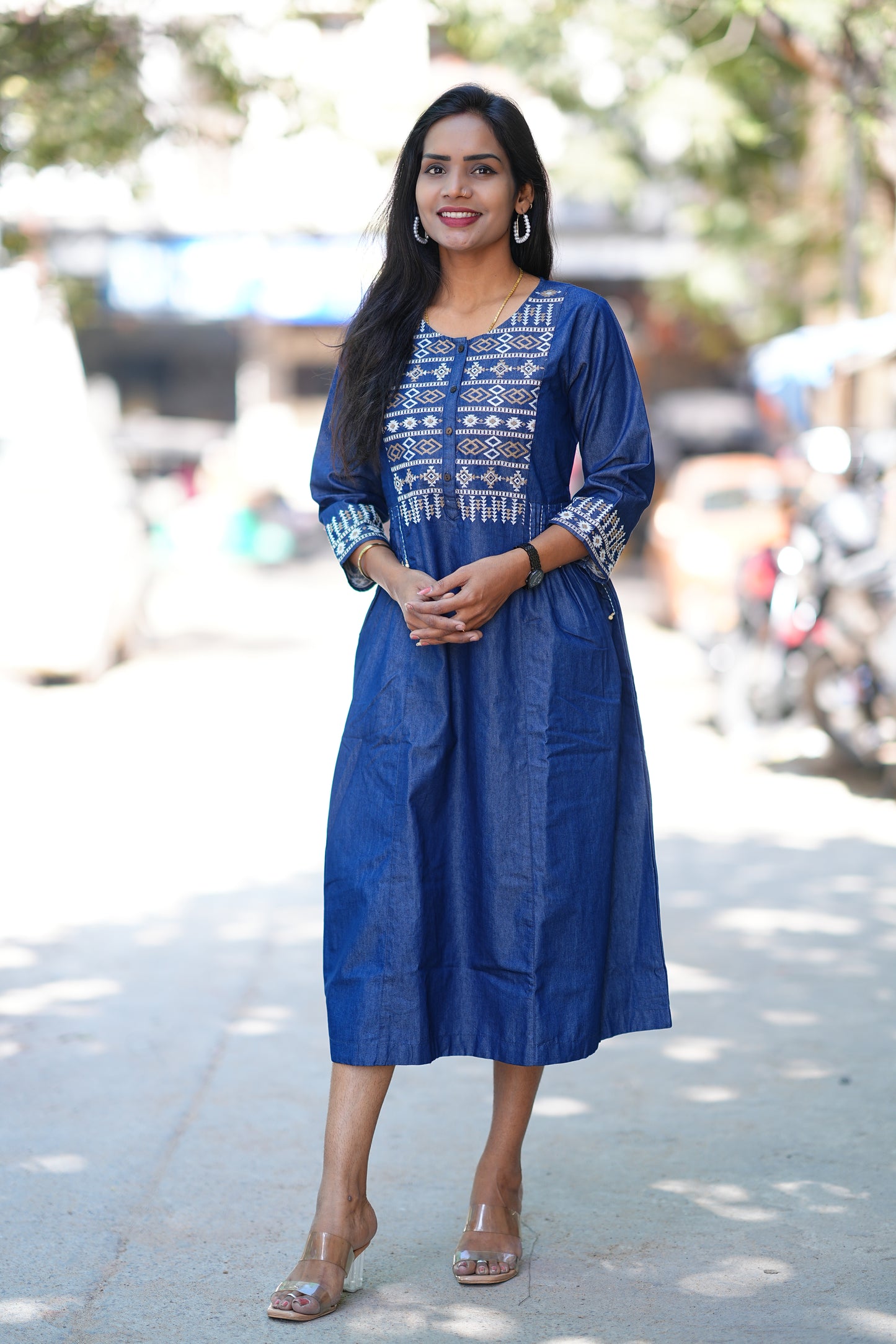 Designer Wear Denim Frock With Embroidery Work