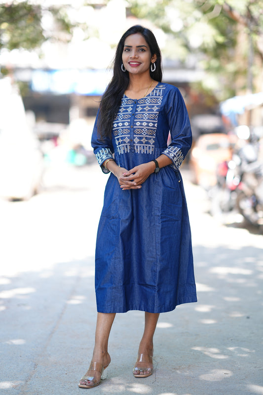 Designer Wear Denim Frock With Embroidery Work