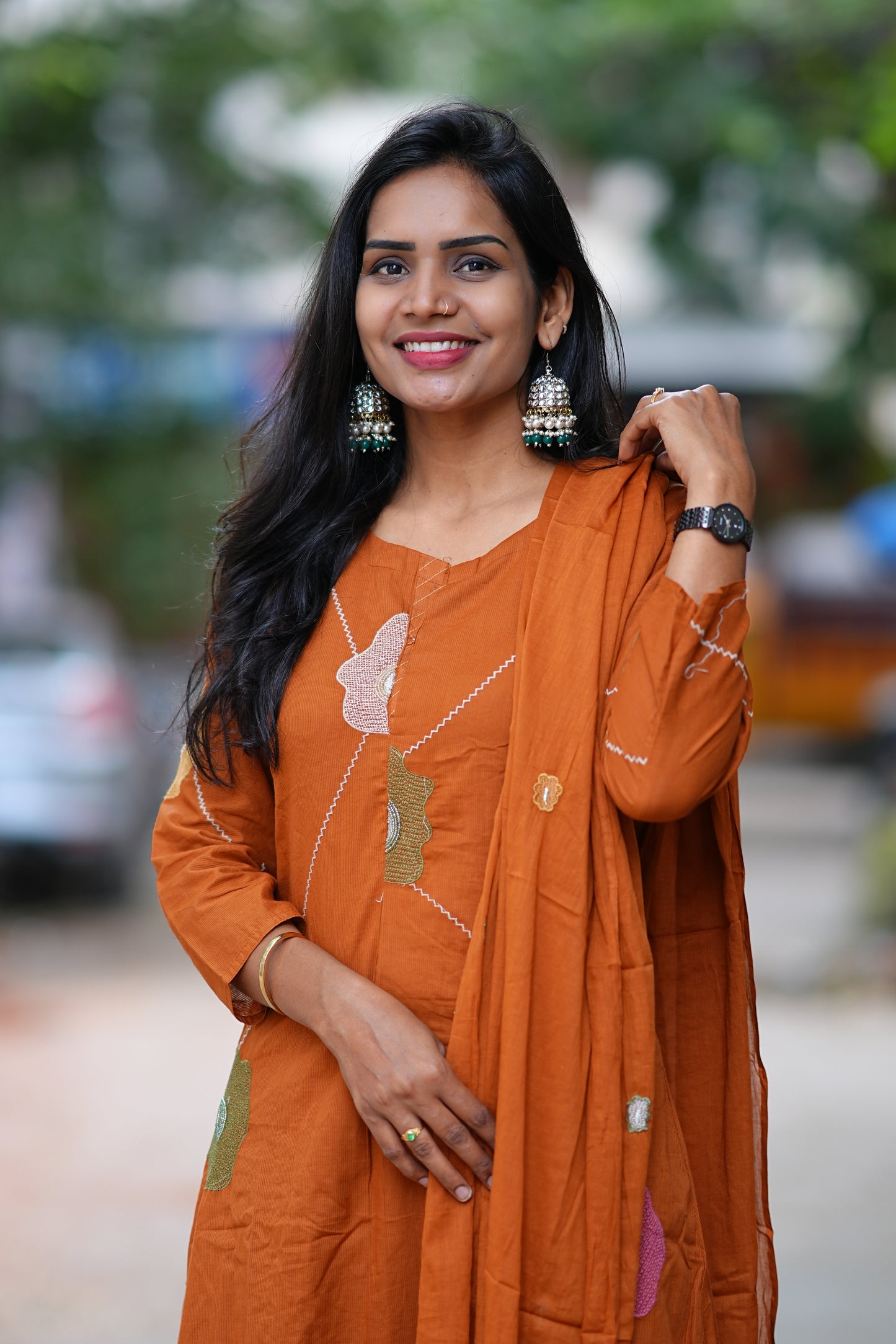 Rust Orange Jaipur Cotton 3 Piece Set with Thread work