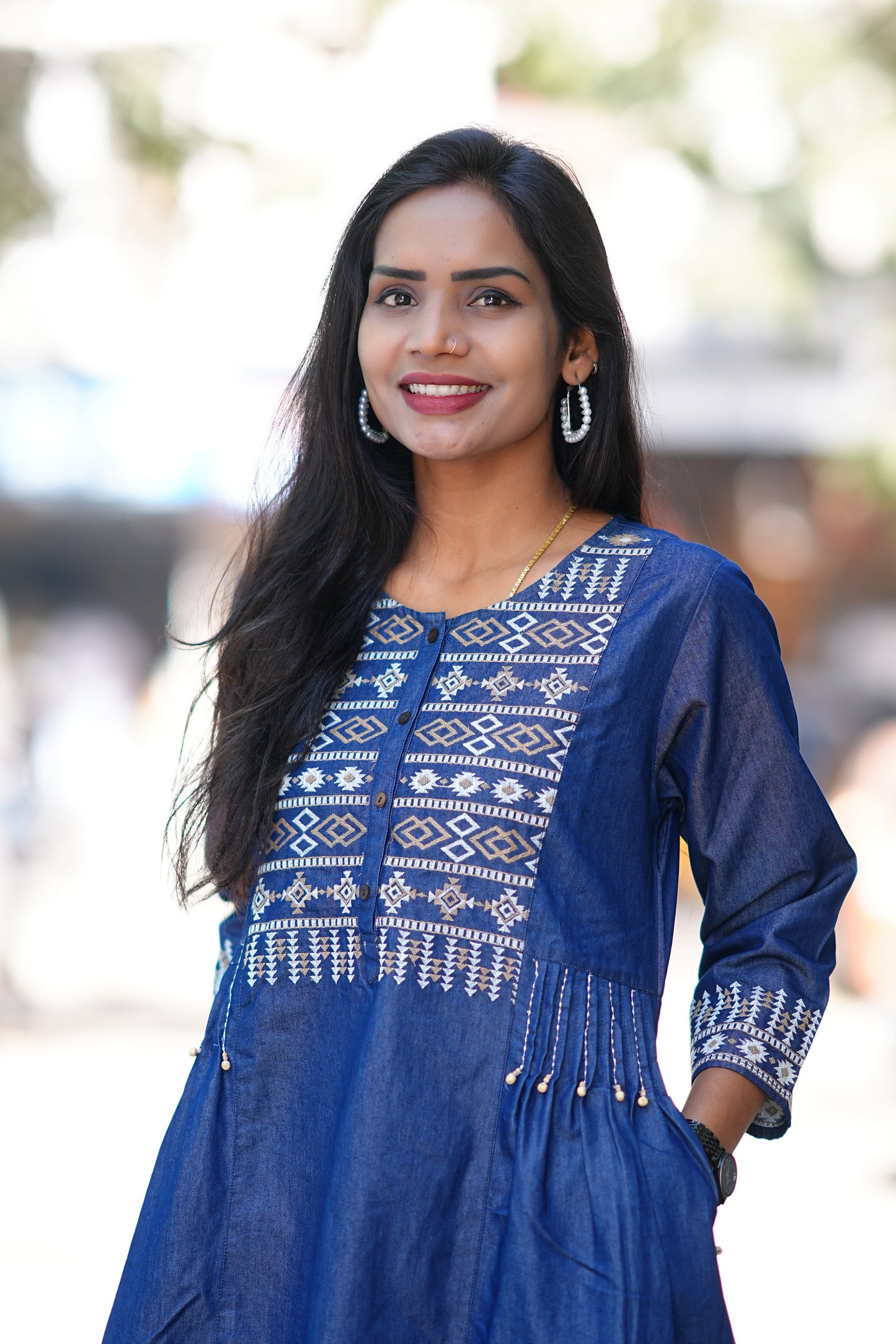 Designer Wear Denim Frock With Embroidery Work