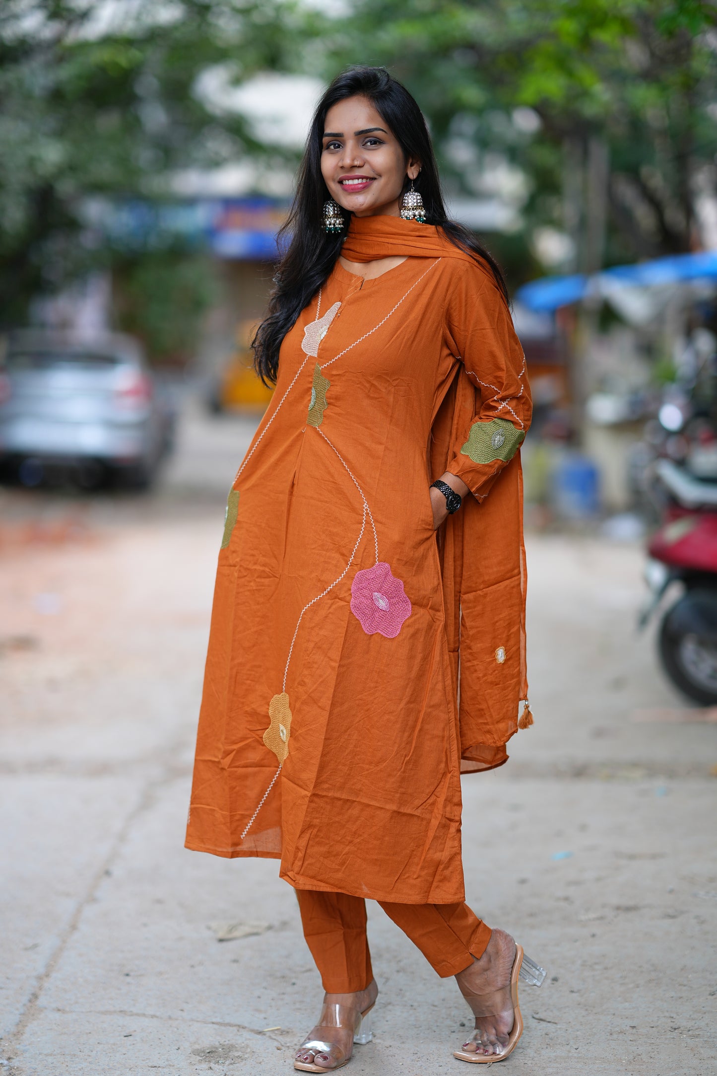 Rust Orange Jaipur Cotton 3 Piece Set with Thread work
