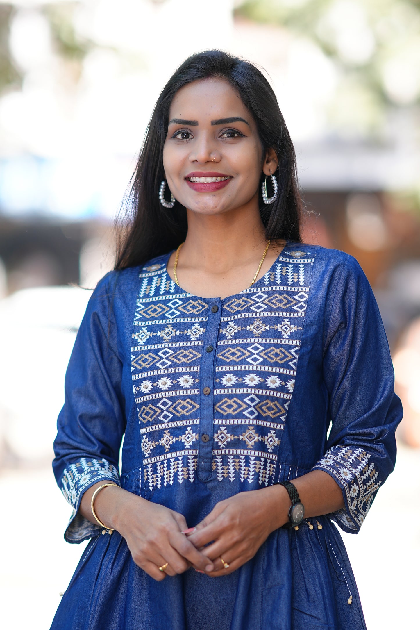 Designer Wear Denim Frock With Embroidery Work