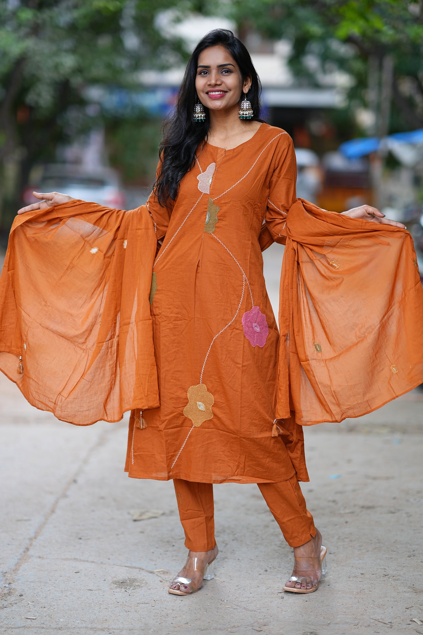 Rust Orange Jaipur Cotton 3 Piece Set with Thread work