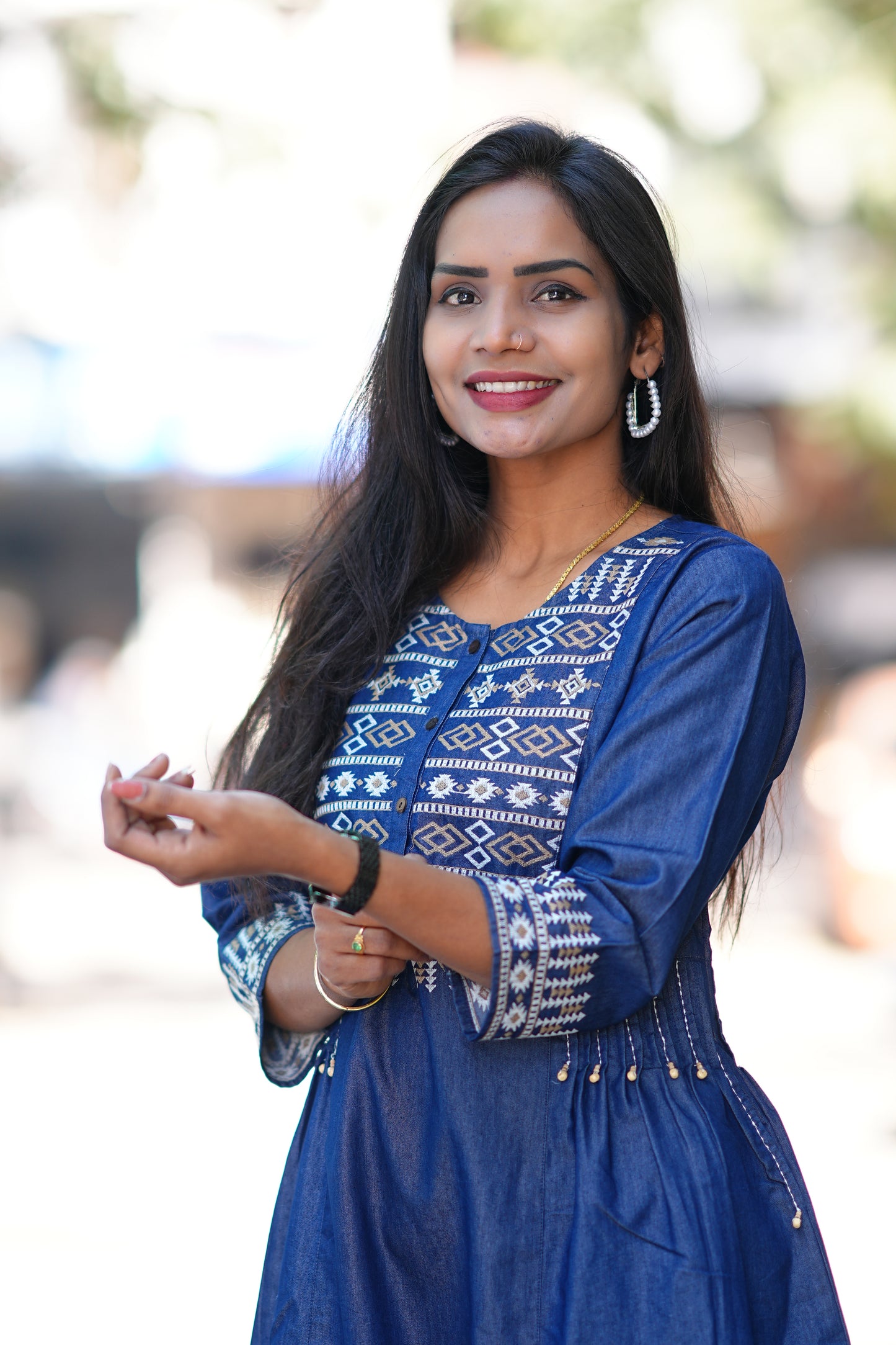 Designer Wear Denim Frock With Embroidery Work