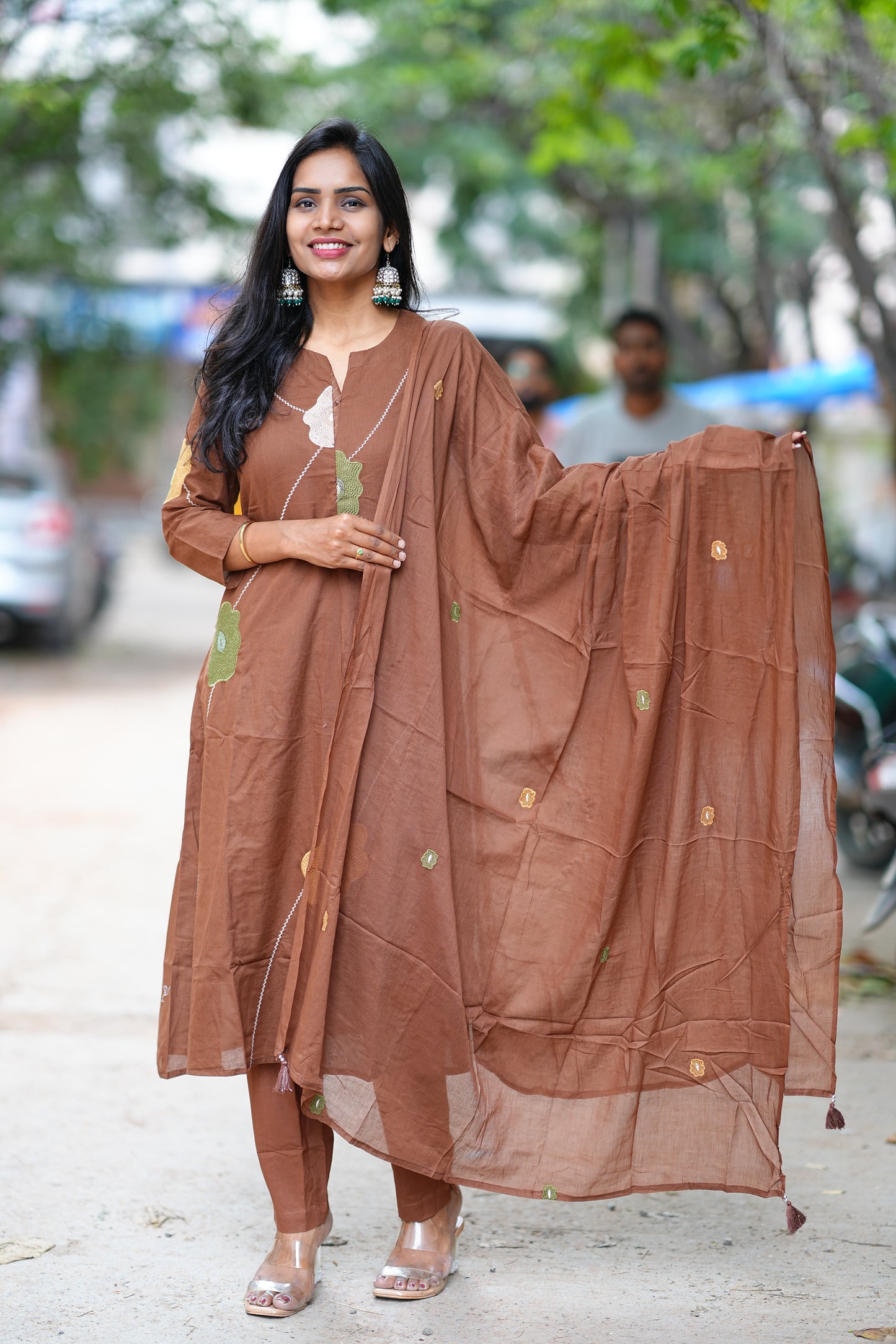 Chocolate Brown Jaipuri Cotton 3 Piece Set with Thread Embroidery work