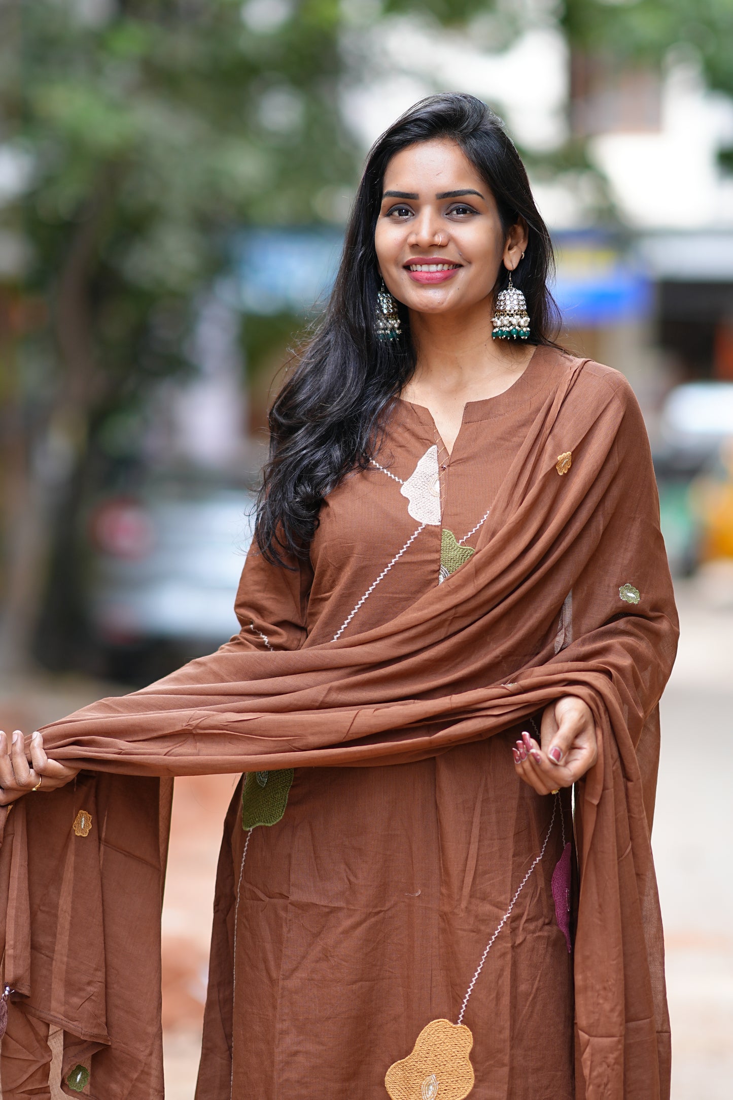 Chocolate Brown Jaipuri Cotton 3 Piece Set with Thread Embroidery work