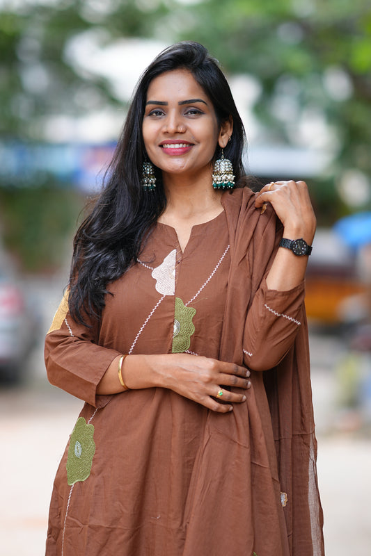 Chocolate Brown Jaipuri Cotton 3 Piece Set with Thread Embroidery work