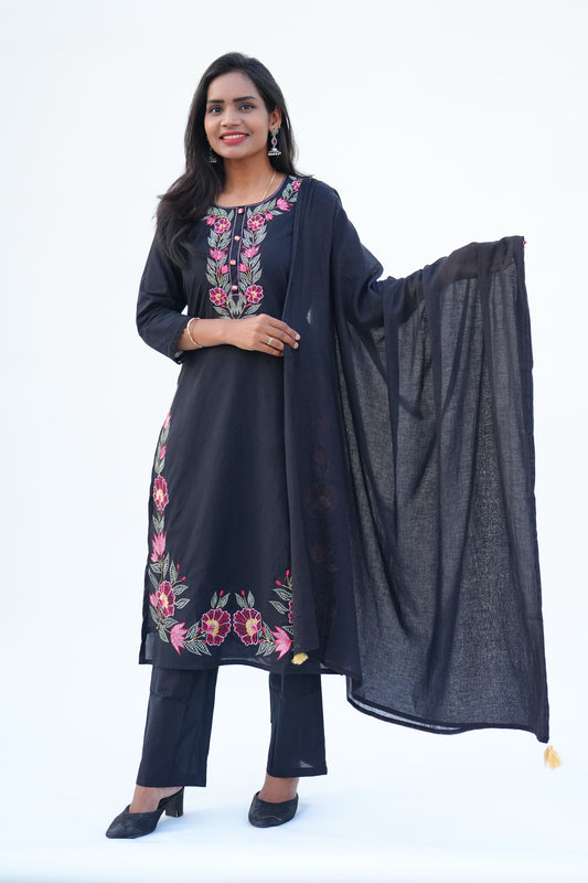 Black Color Mul Cotton 3 piece Set With Heavy Embroidery Work and Complete Lining