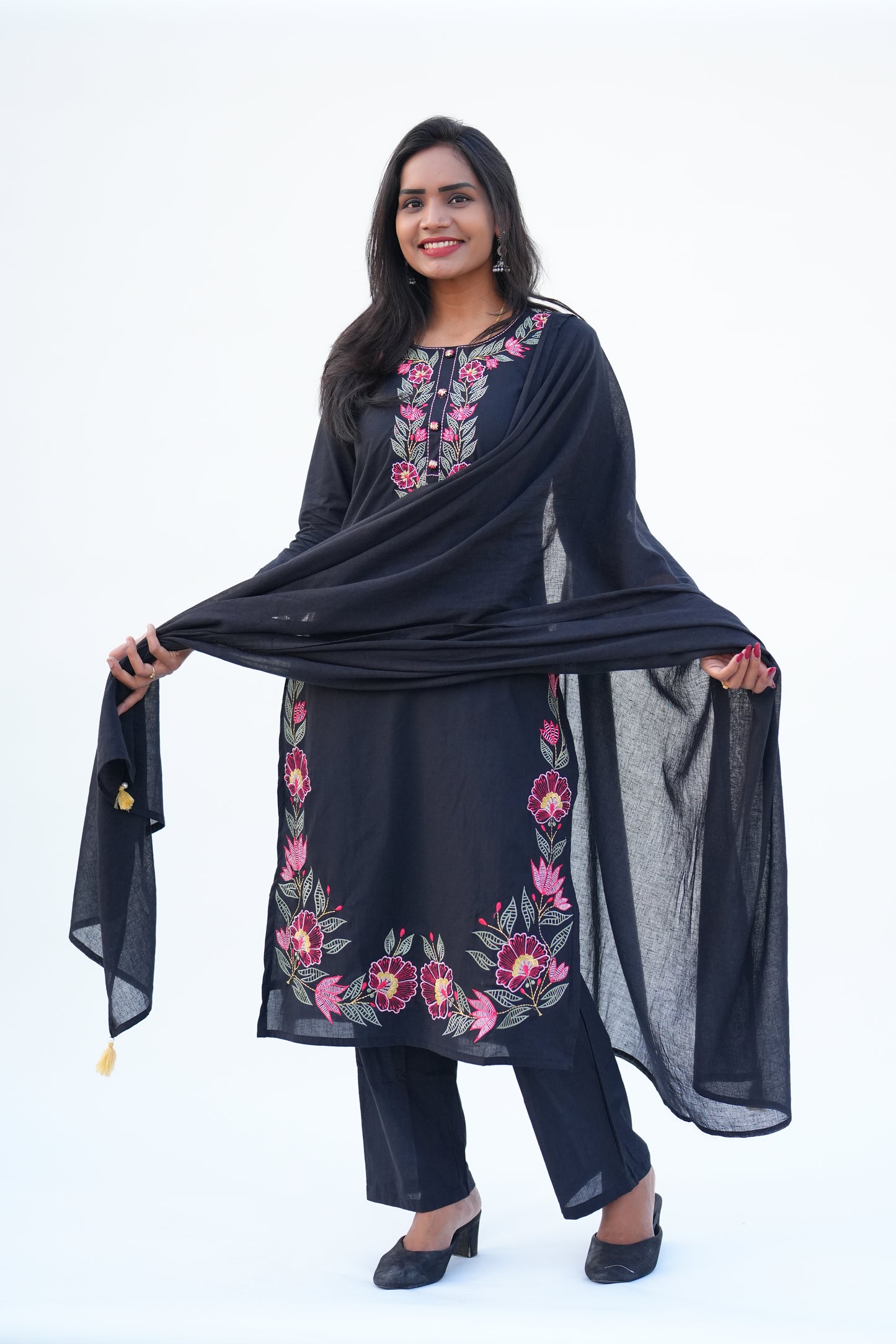 Black Color Mul Cotton 3 piece Set With Heavy Embroidery Work and Complete Lining