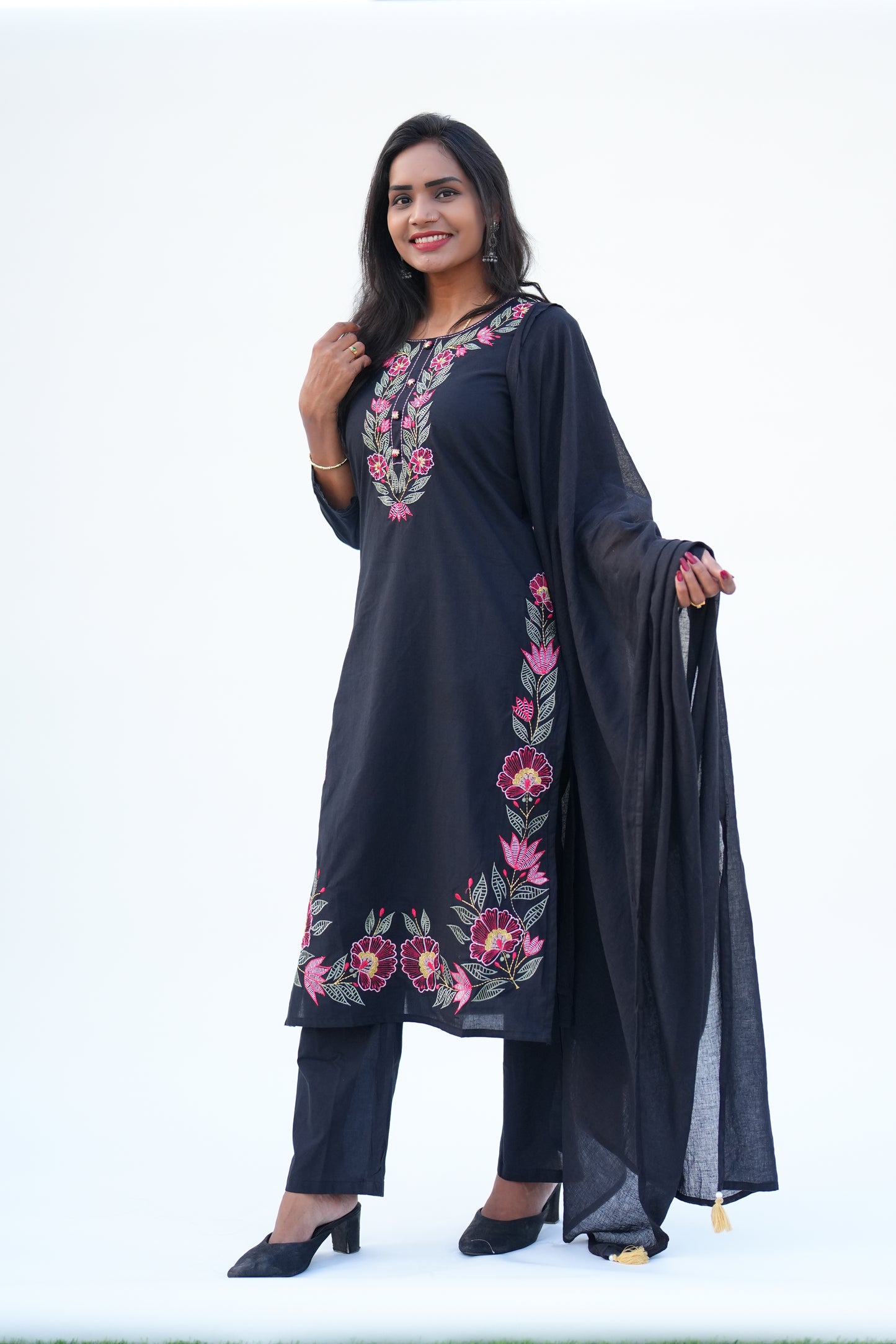 Black Color Mul Cotton 3 piece Set With Heavy Embroidery Work and Complete Lining