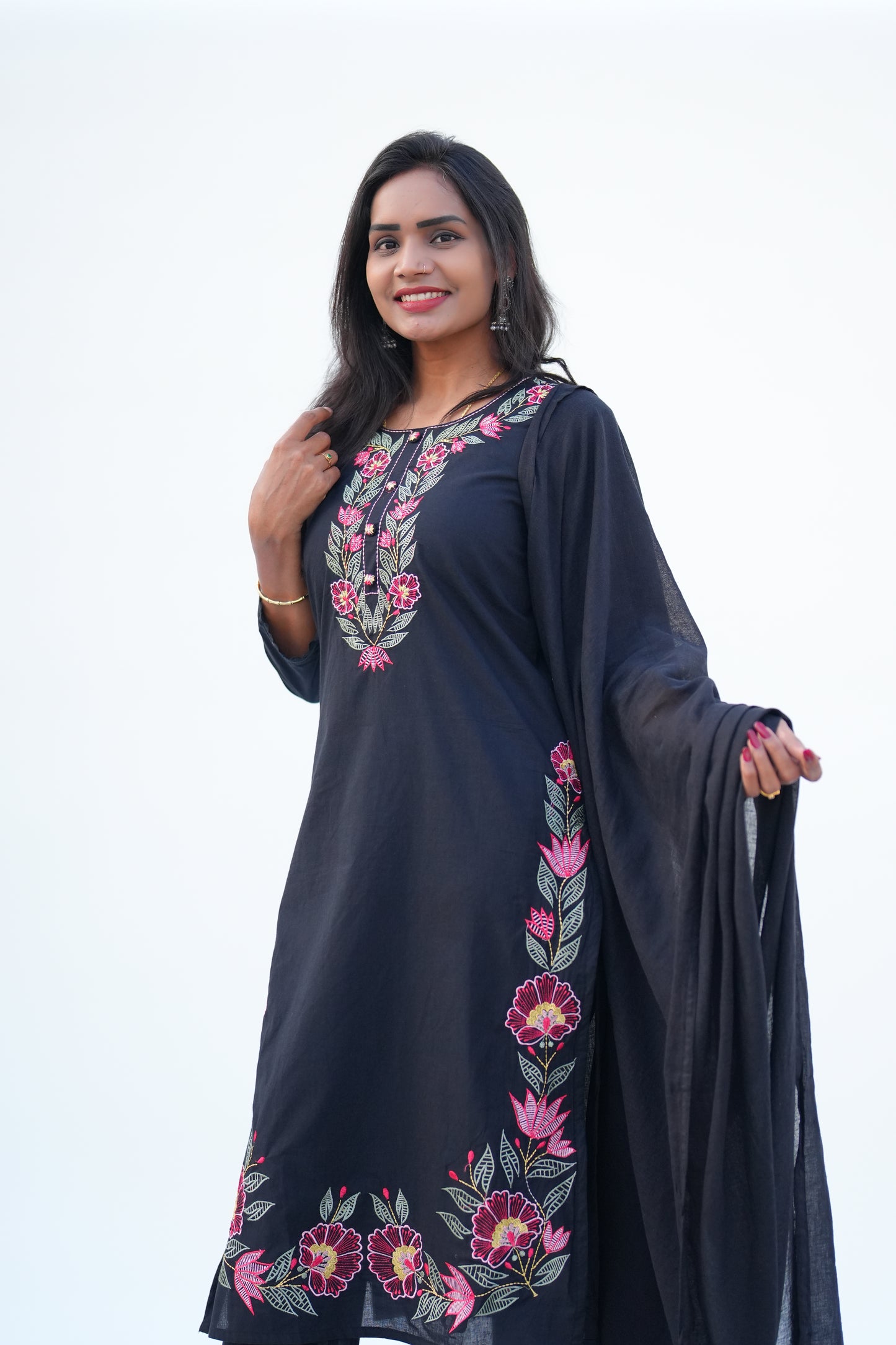 Black Color Mul Cotton 3 piece Set With Heavy Embroidery Work and Complete Lining