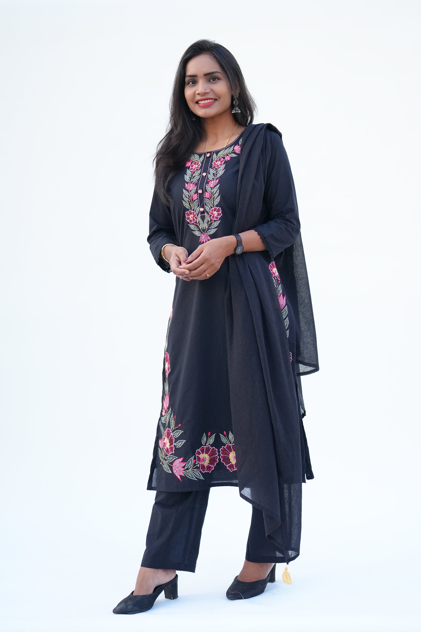 Black Color Mul Cotton 3 piece Set With Heavy Embroidery Work and Complete Lining