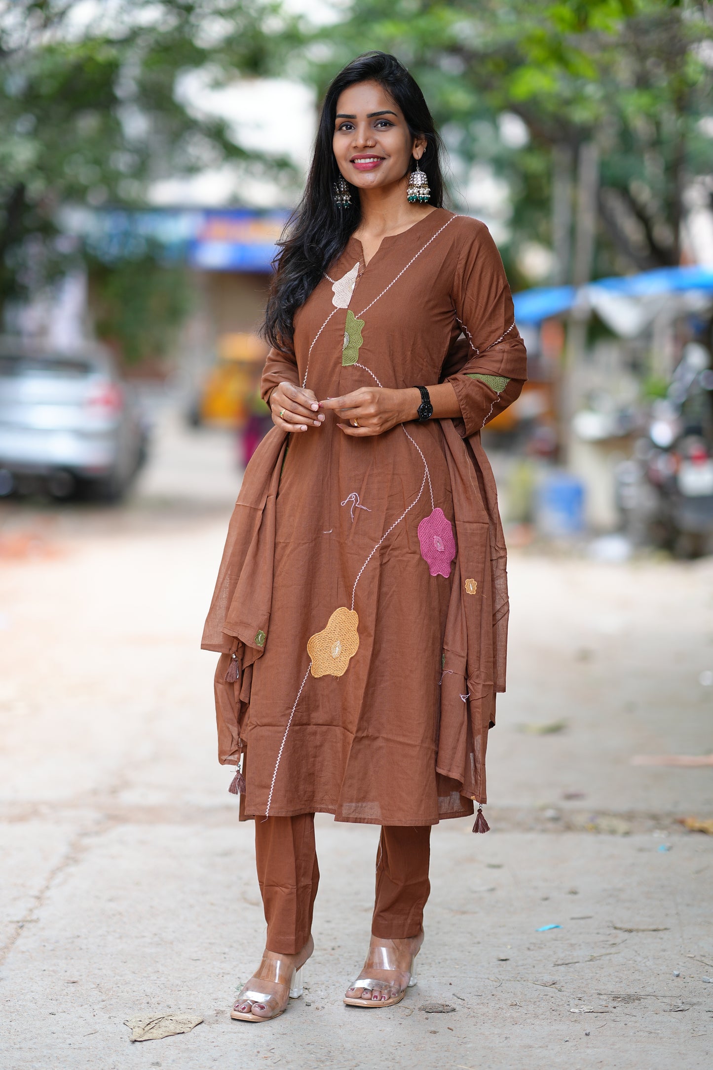 Chocolate Brown Jaipuri Cotton 3 Piece Set with Thread Embroidery work