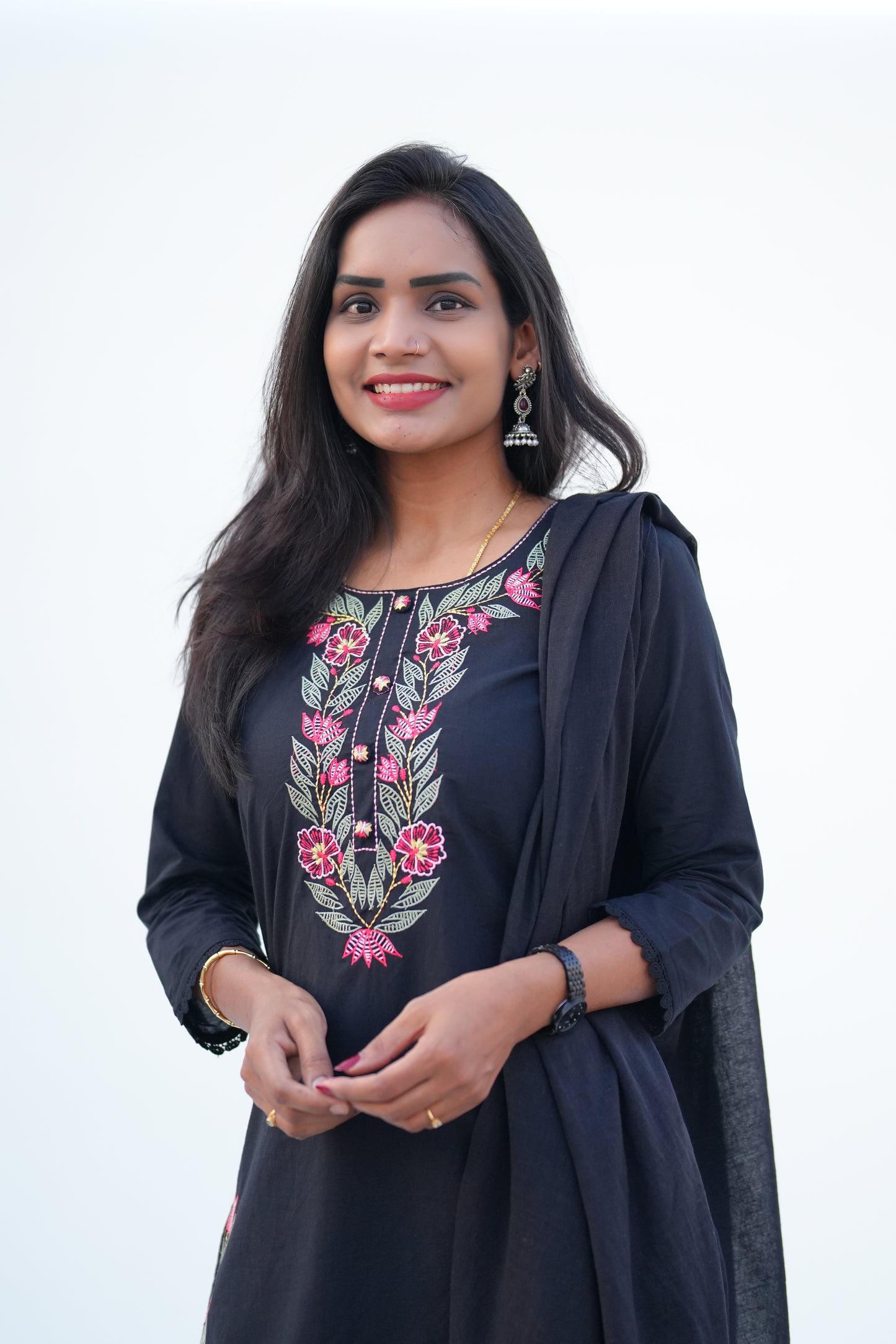Black Color Mul Cotton 3 piece Set With Heavy Embroidery Work and Complete Lining