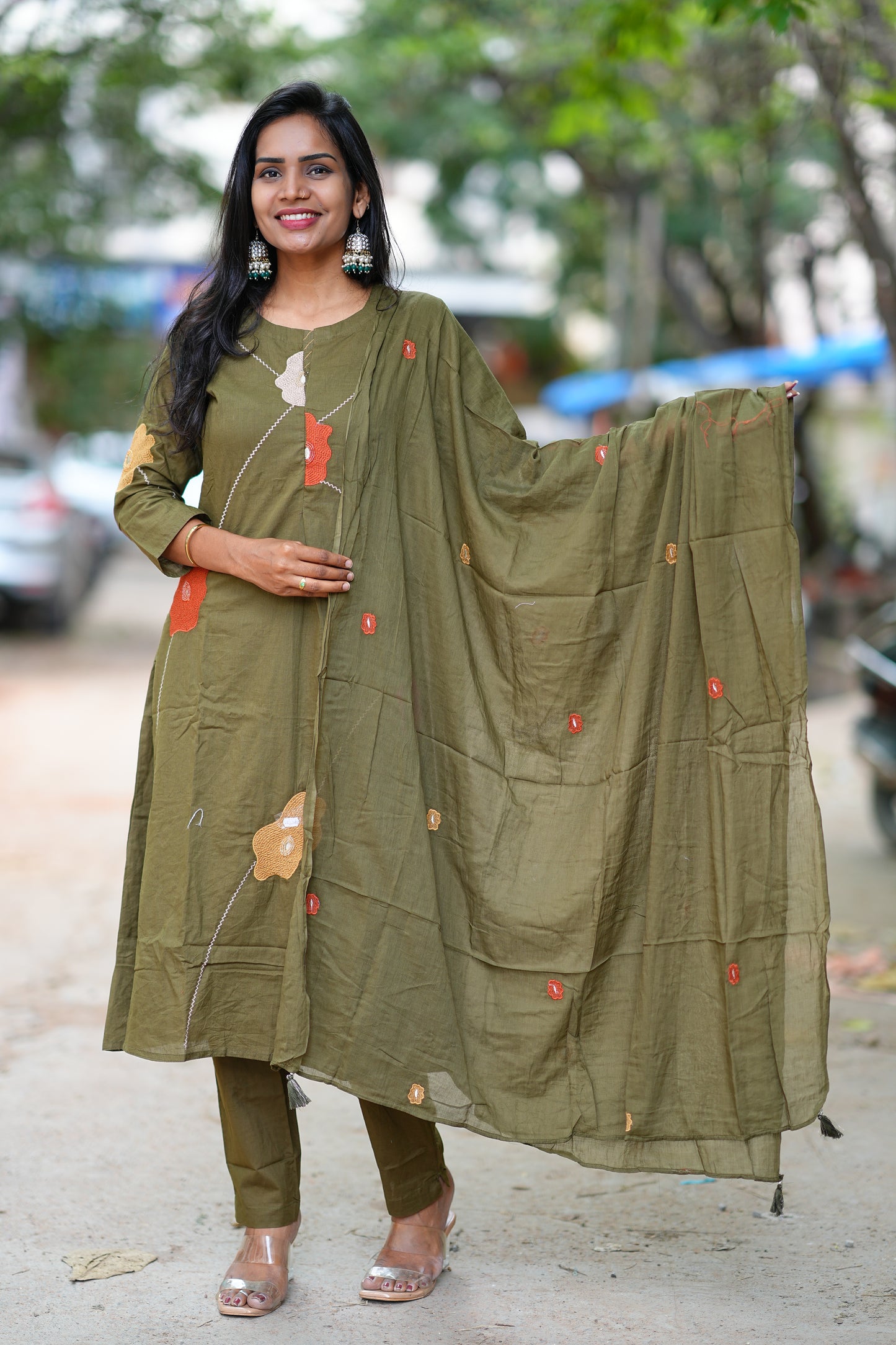 Olive Green Jaipur Cotton 3 Piece Set with Thread Embroidery work