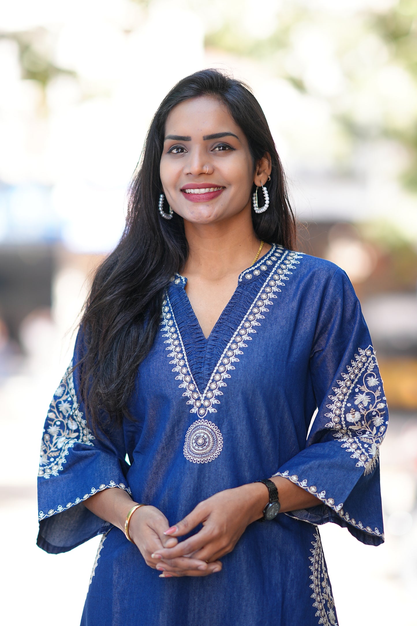 Designer Denim Frock With Embroidery Work