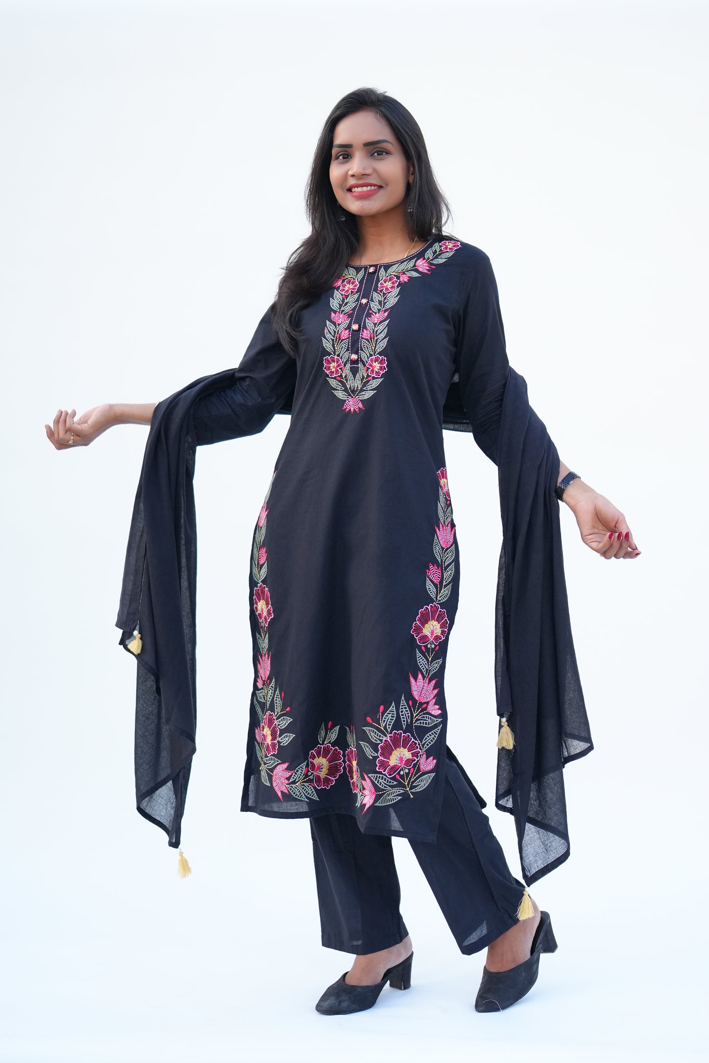 Black Color Mul Cotton 3 piece Set With Heavy Embroidery Work and Complete Lining