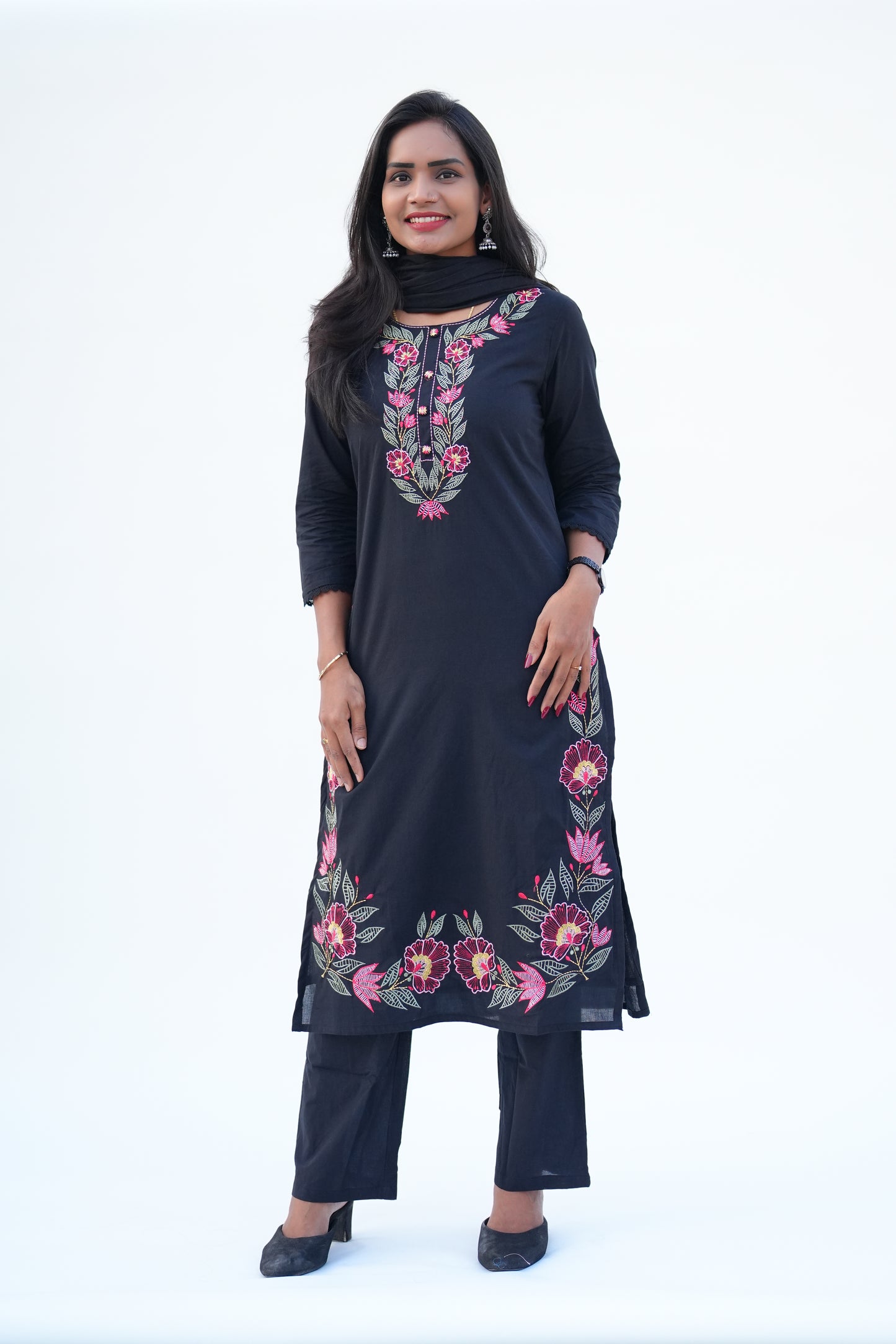 Black Color Mul Cotton 3 piece Set With Heavy Embroidery Work and Complete Lining