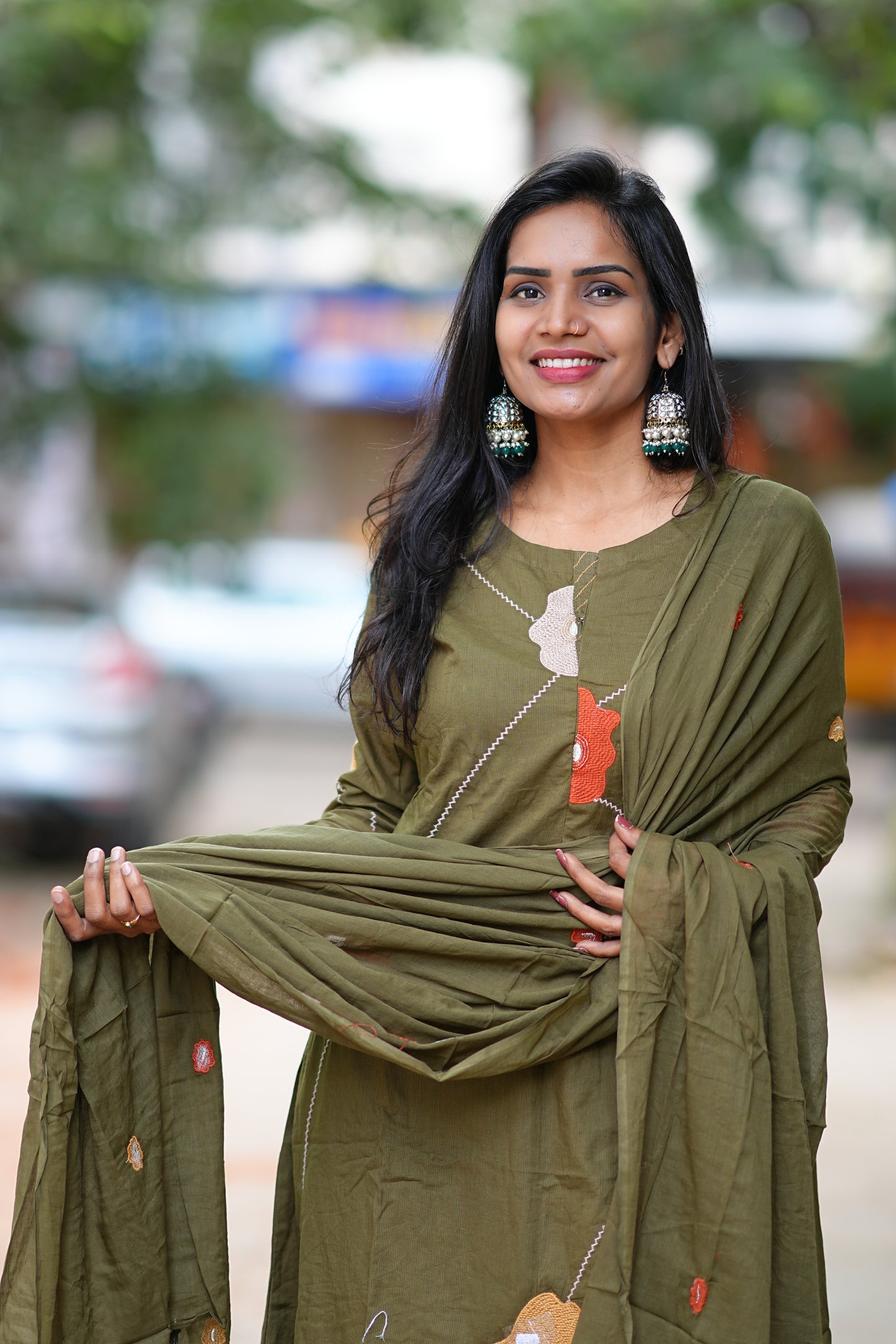 Olive Green Jaipur Cotton 3 Piece Set with Thread Embroidery work