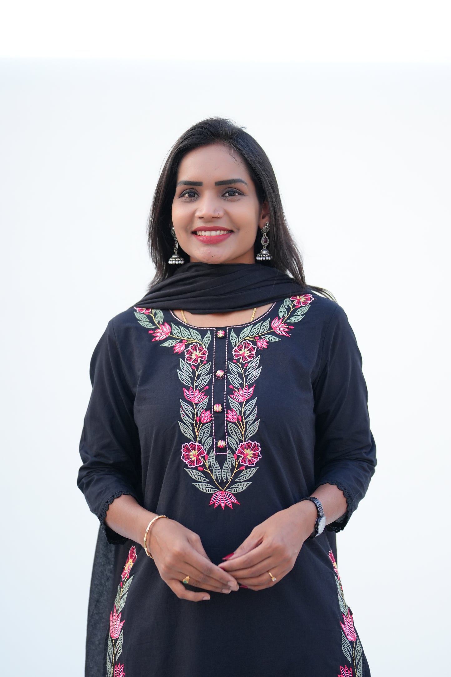 Black Color Mul Cotton 3 piece Set With Heavy Embroidery Work and Complete Lining