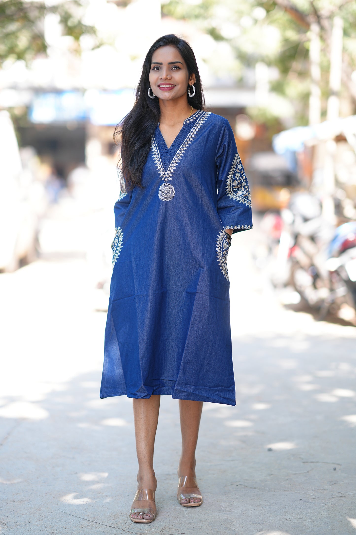 Designer Denim Frock With Embroidery Work