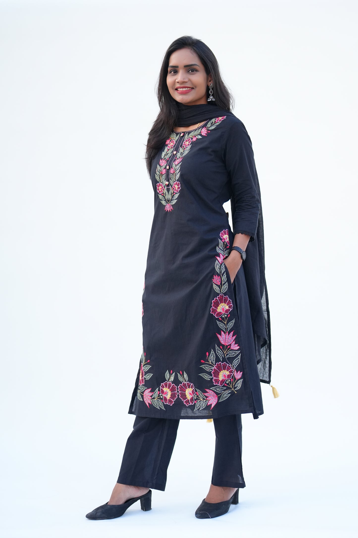 Black Color Mul Cotton 3 piece Set With Heavy Embroidery Work and Complete Lining