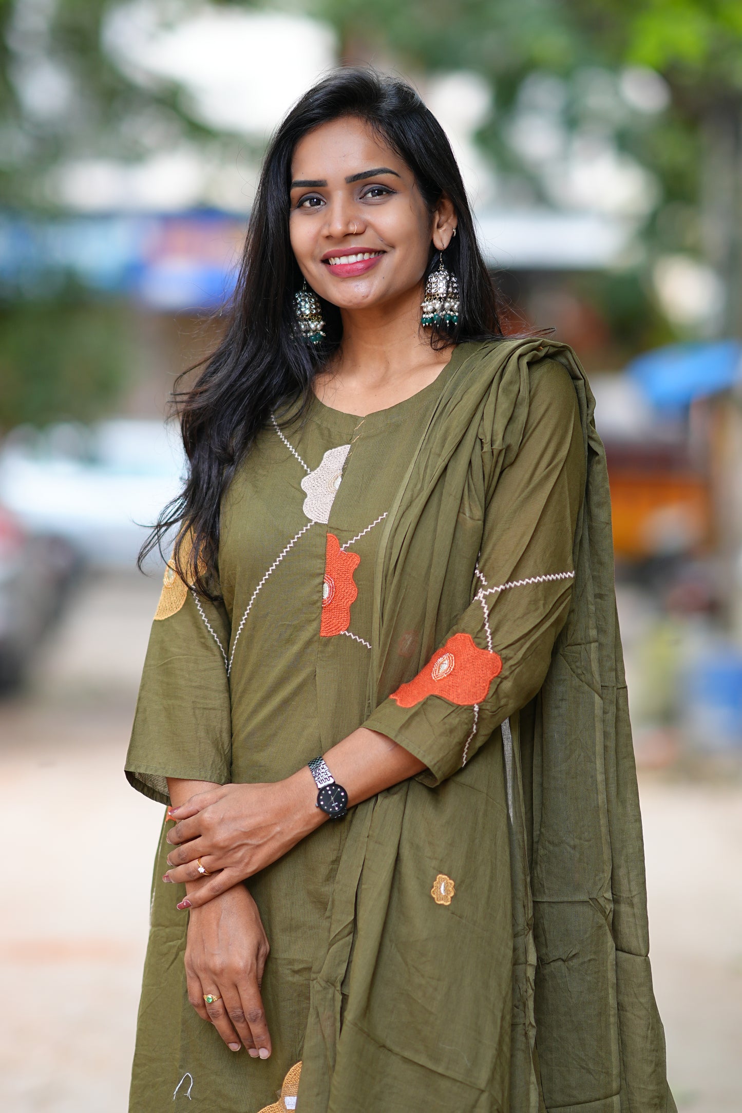 Olive Green Jaipur Cotton 3 Piece Set with Thread Embroidery work