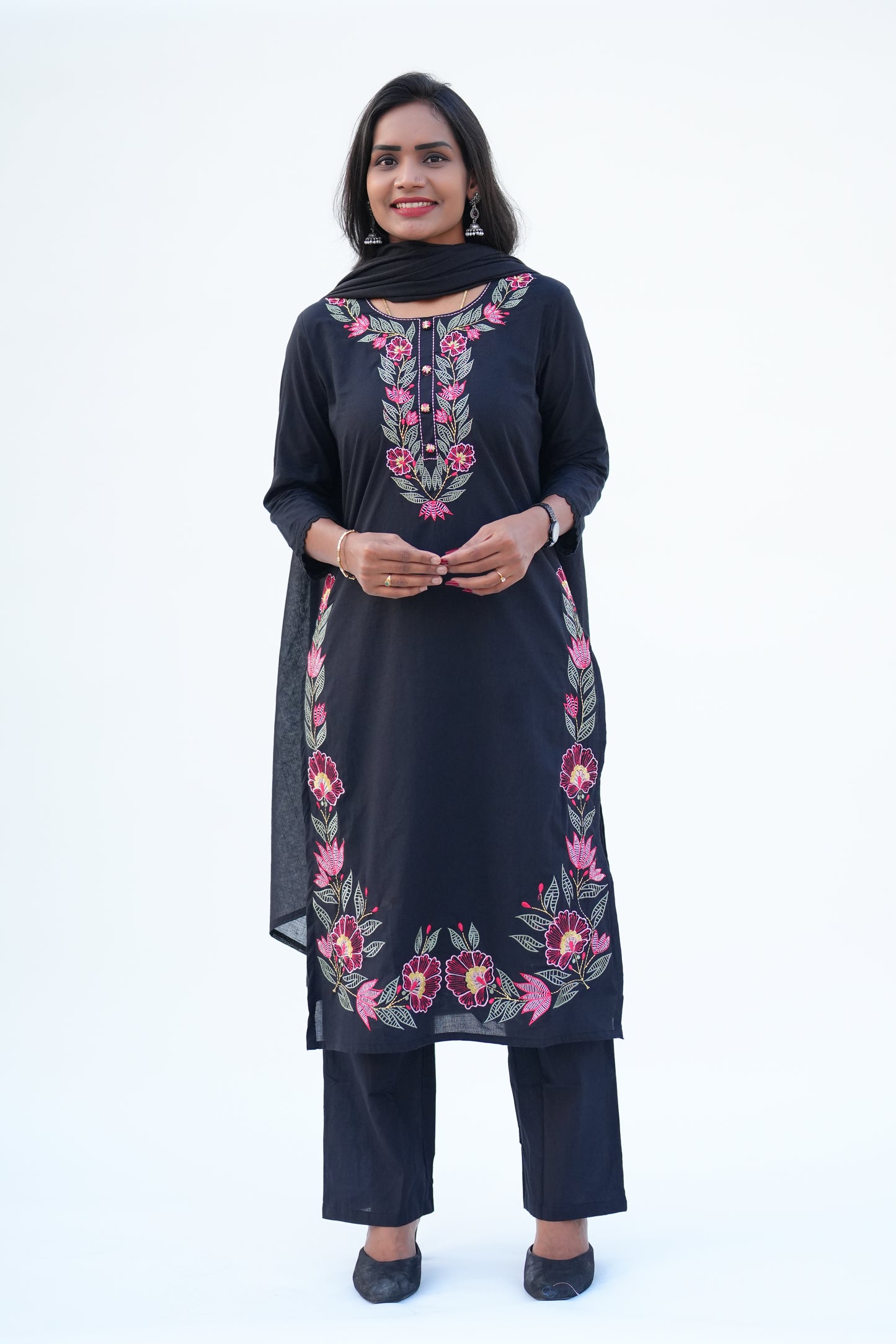 Black Color Mul Cotton 3 piece Set With Heavy Embroidery Work and Complete Lining
