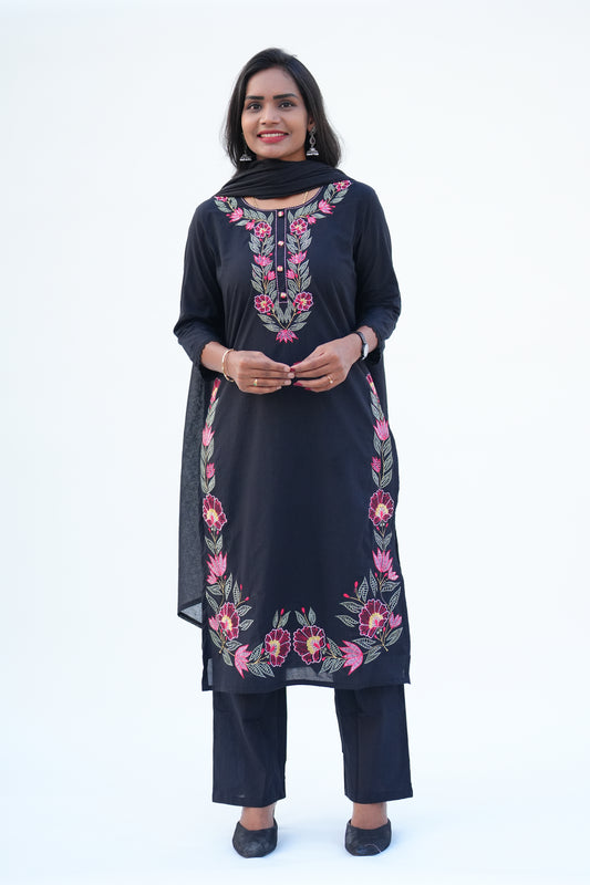 Black Color Mul Cotton 3 piece Set With Heavy Embroidery Work and Complete Lining