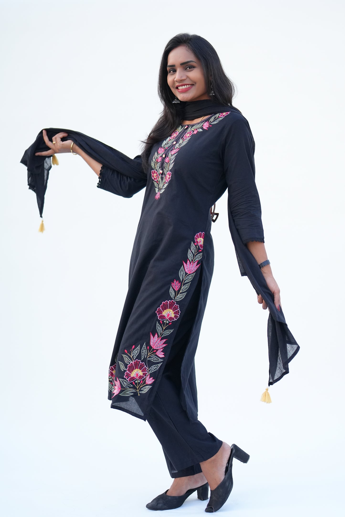 Black Color Mul Cotton 3 piece Set With Heavy Embroidery Work and Complete Lining