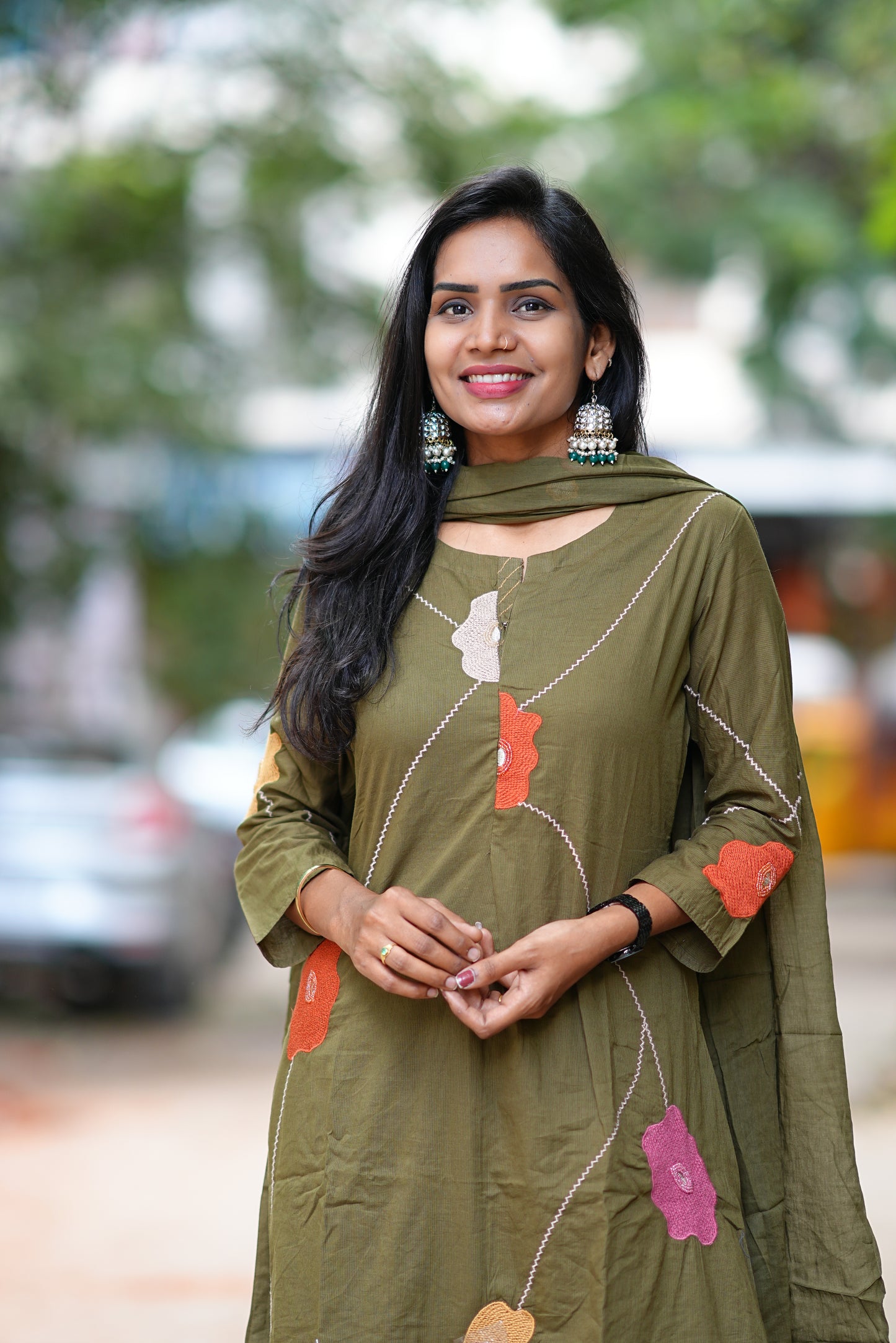 Olive Green Jaipur Cotton 3 Piece Set with Thread Embroidery work