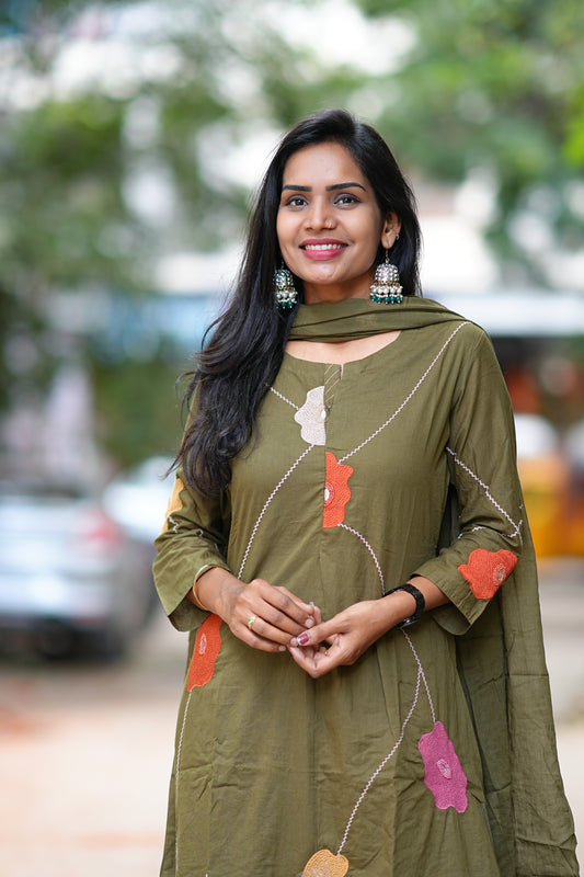 Olive Green Jaipur Cotton 3 Piece Set with Thread Embroidery work