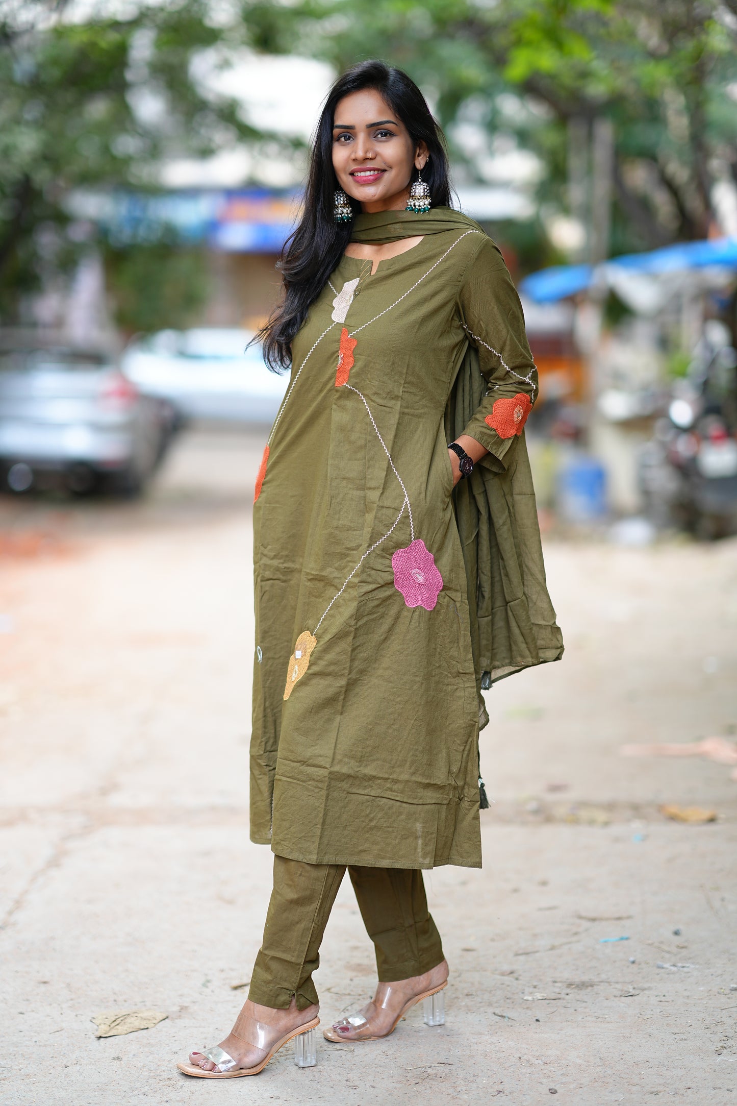 Olive Green Jaipur Cotton 3 Piece Set with Thread Embroidery work