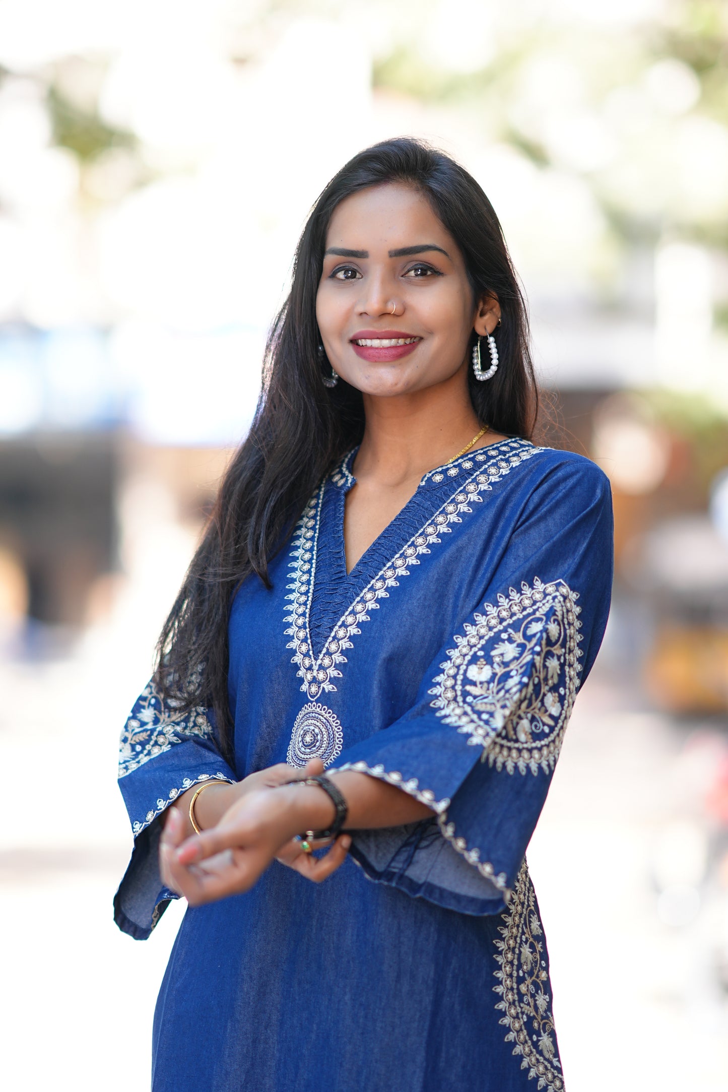 Designer Denim Frock With Embroidery Work
