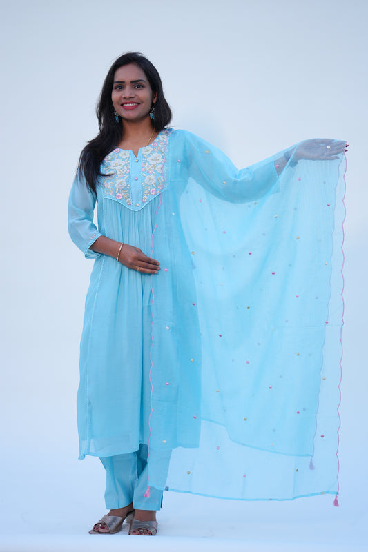 Aqua Green Viscose Fabric Party Wear 3 Piece Set With Kota Duppata and Complete Lining