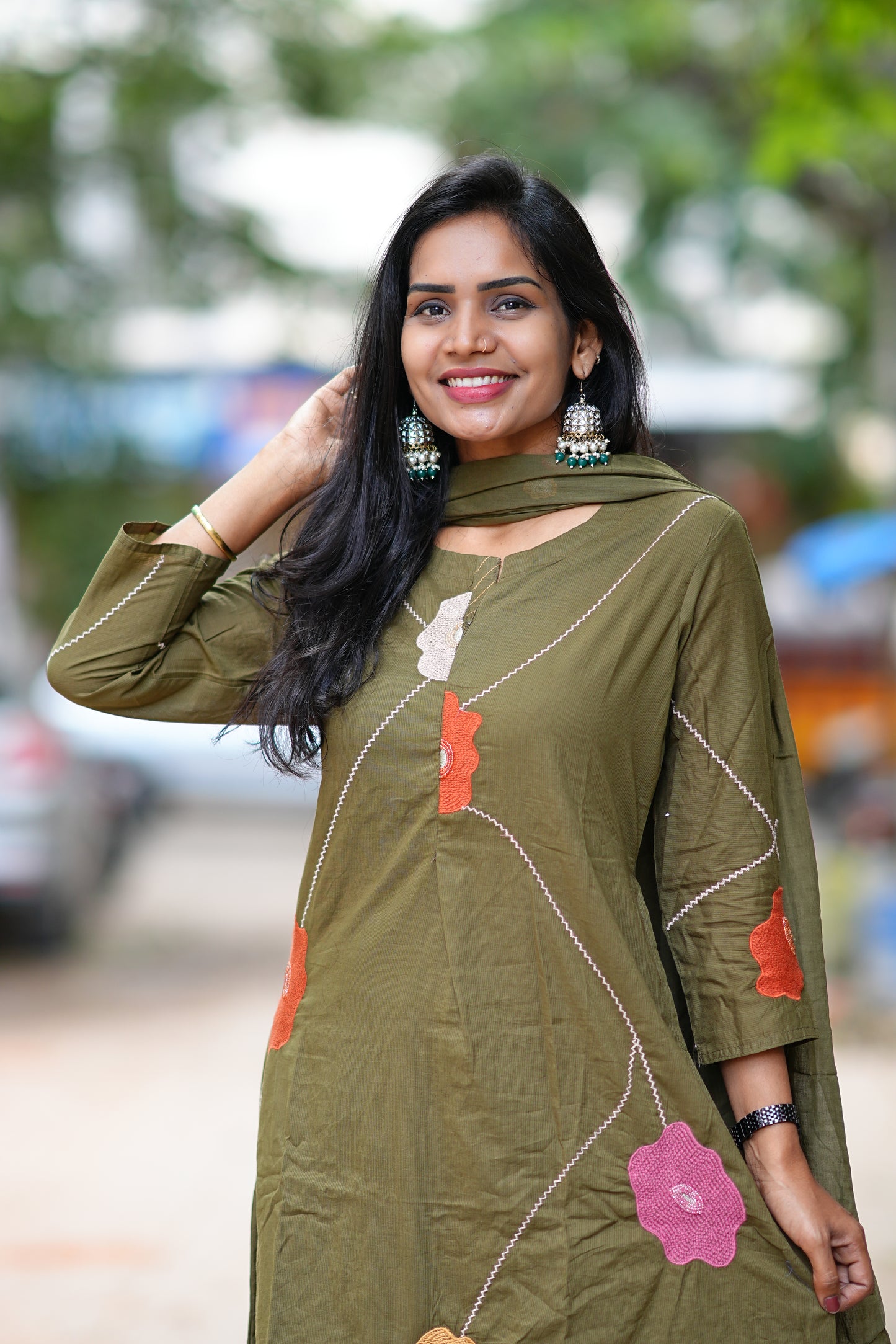 Olive Green Jaipur Cotton 3 Piece Set with Thread Embroidery work