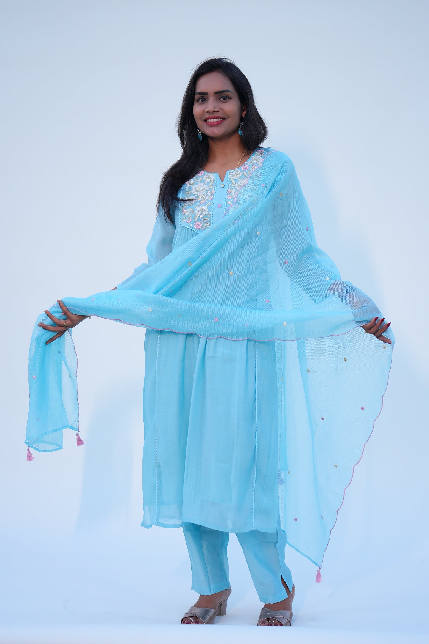 Aqua Green Viscose Fabric Party Wear 3 Piece Set With Kota Duppata and Complete Lining