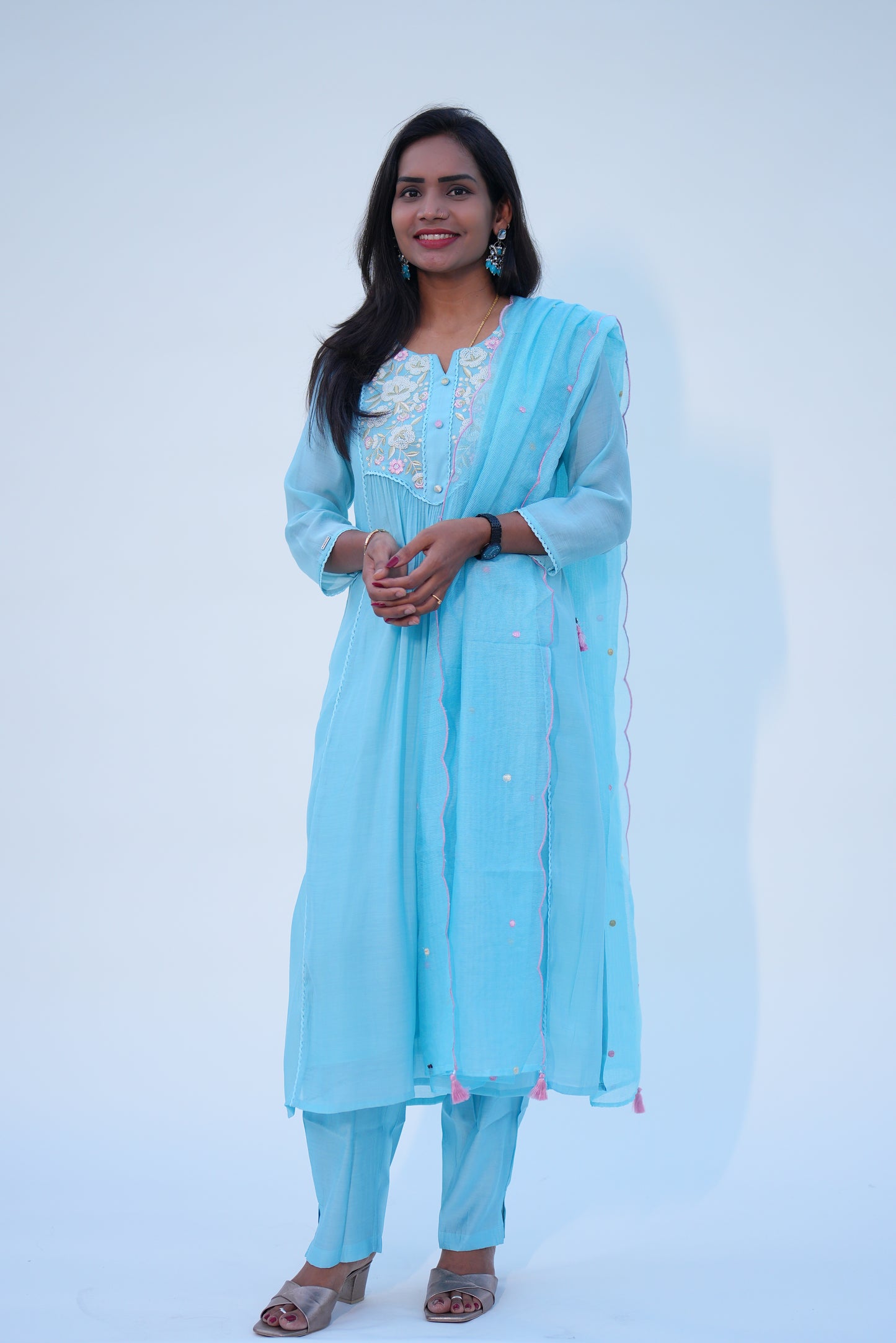 Aqua Green Viscose Fabric Party Wear 3 Piece Set With Kota Duppata and Complete Lining