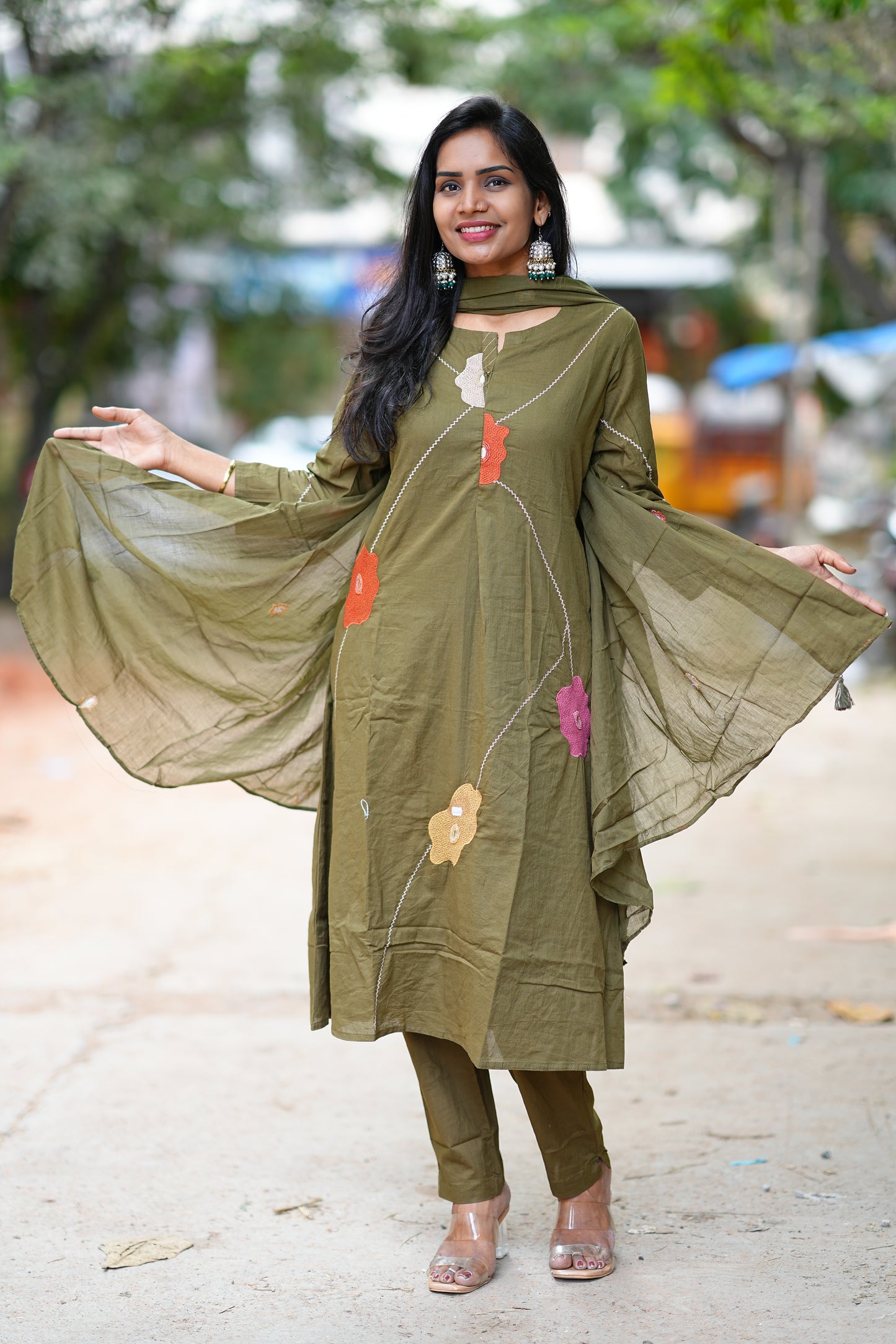 Olive Green Jaipur Cotton 3 Piece Set with Thread Embroidery work